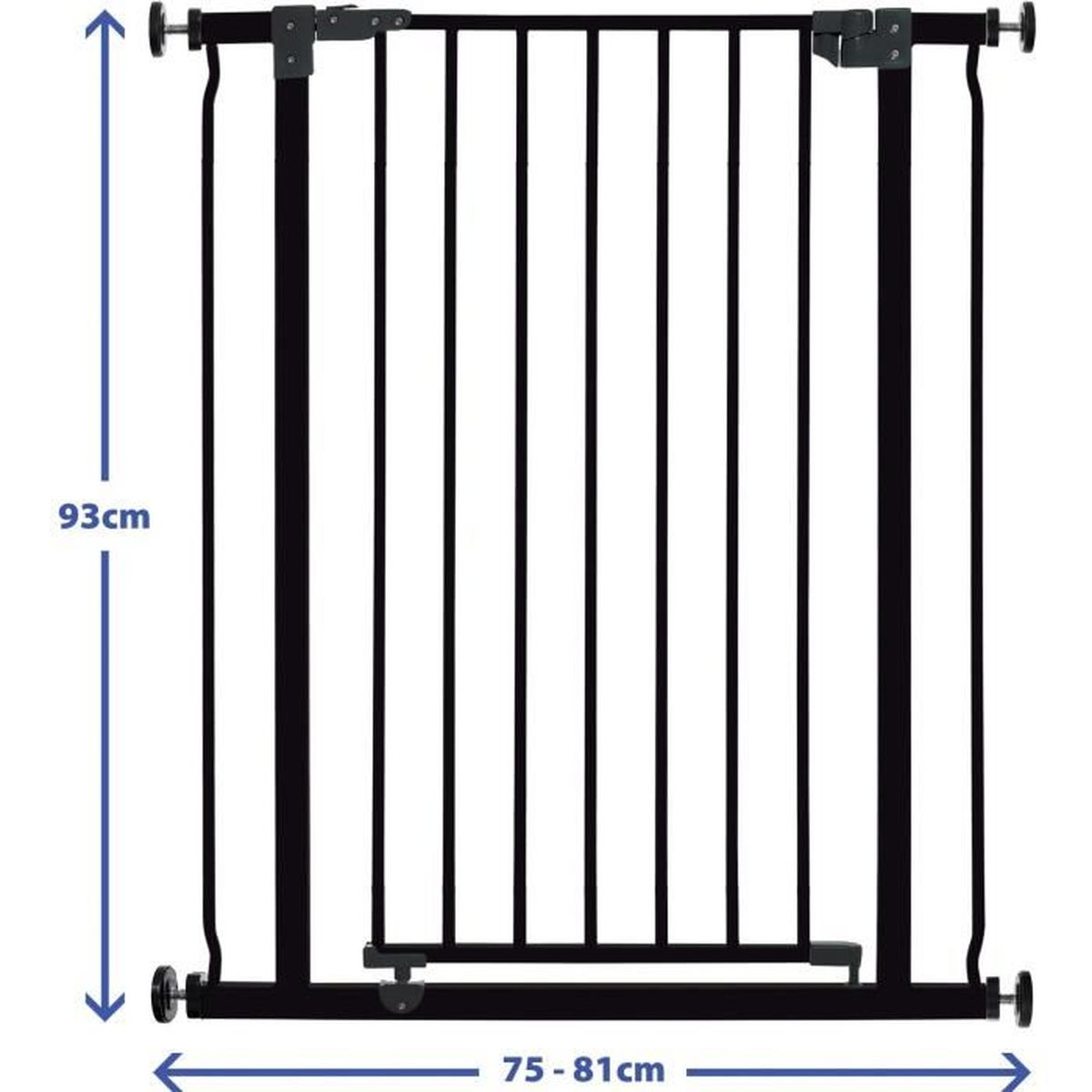 Gezeigt wird ein schwarzes Babygitter. Es ist 93 cm hoch und passt in Öffnungen von 75-81 cm. Das Gitter hat vertikale Stäbe.