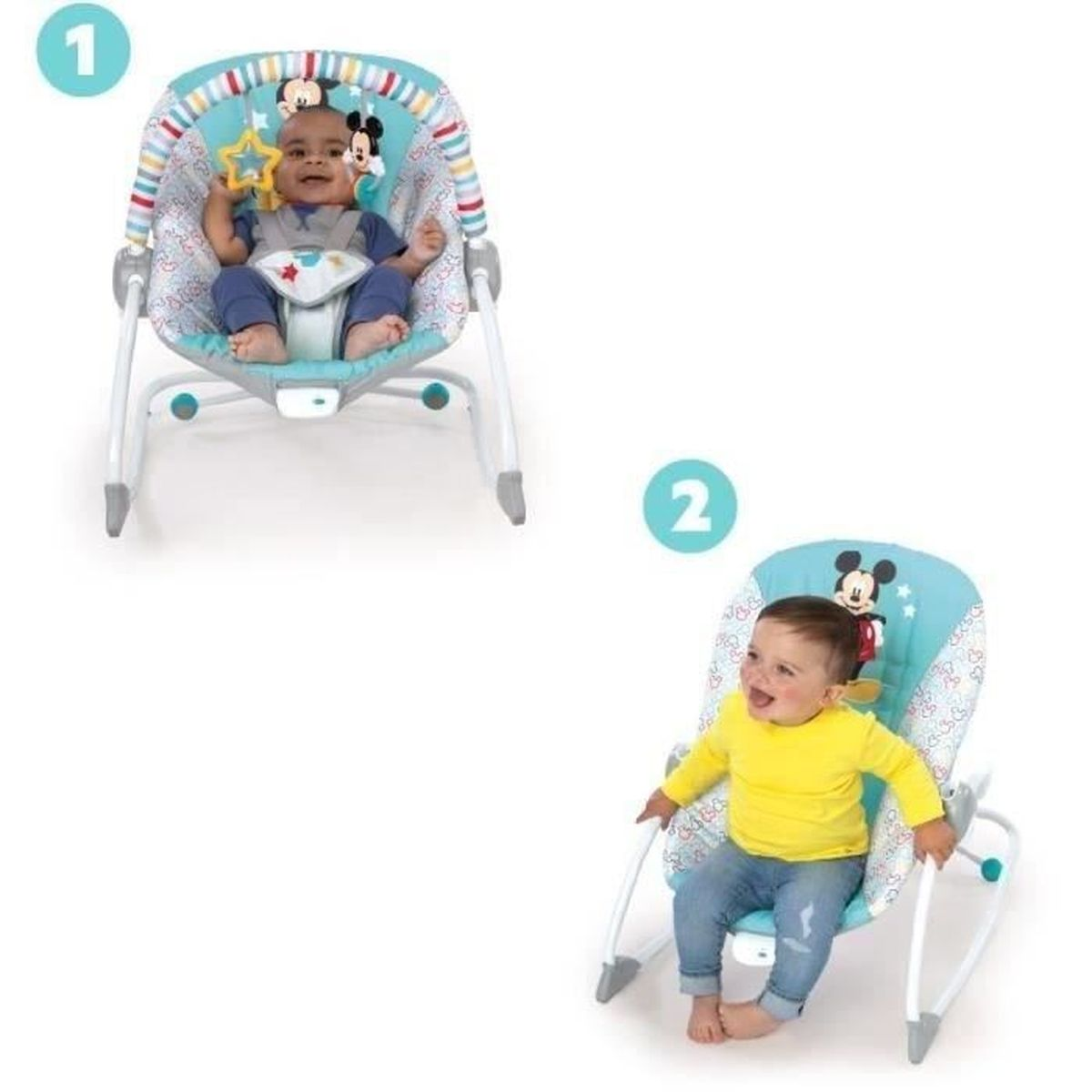 Zwei Babys in Babywippen mit Mickey-Mouse-Motiv. Ein Baby trägt Blau, das andere Gelb. Beide sitzen und lächeln.