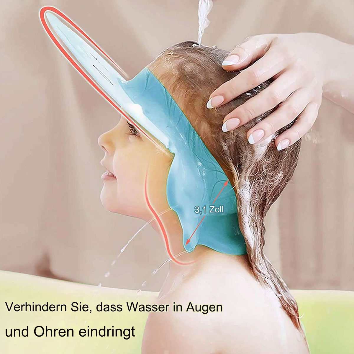 Ein Kind mit blauem Wasserschild unter fließendem Wasser. Eine Hand gießt Wasser. Text: 'Verhindern Sie, dass Wasser in Augen und Ohren eindringt'.