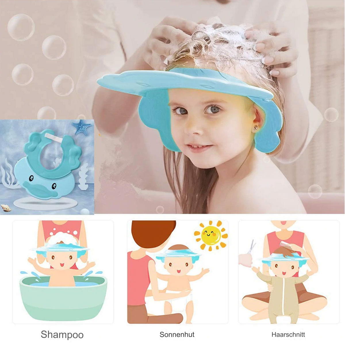 Ein Mädchen mit einer blauen Duschhaube wird shampooniert. Es gibt auch Illustrationen: Shampoo, Sonnenhut und Haarschnitt.