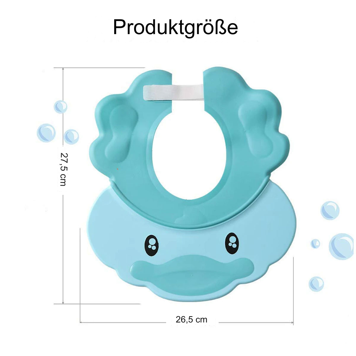 Eine blaue, entenförmige Baby-Duschhaube mit Maßangaben. Produktgröße steht oben. Blasen sind im Hintergrund vorhanden.