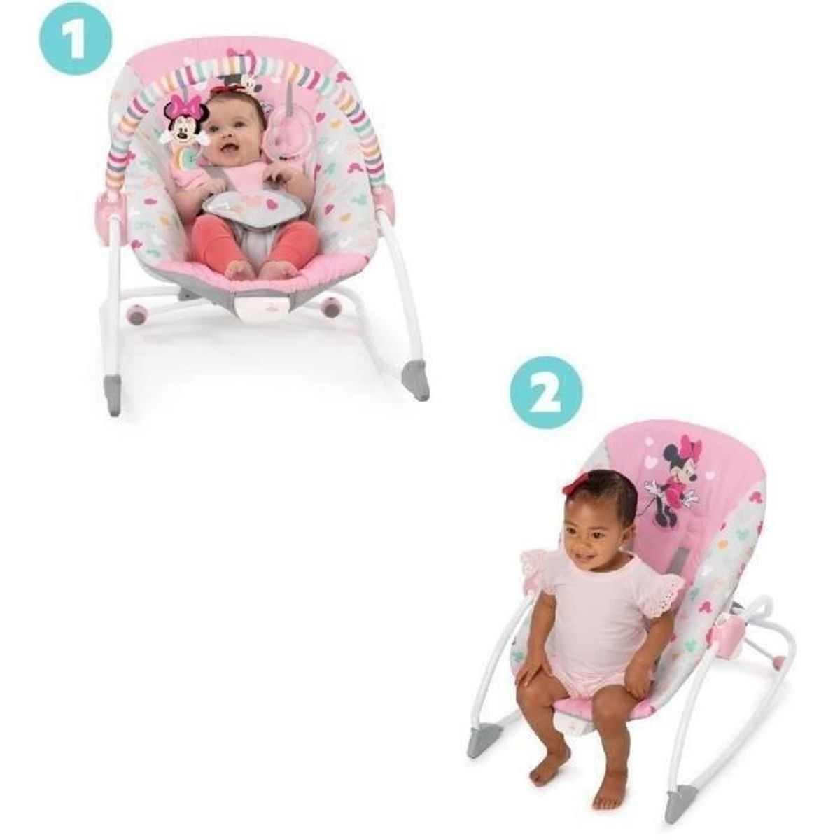 Zwei Babys in rosa Babywippen. Ein Baby sitzt, das andere liegt. Beide Wippen haben Minnie-Maus-Muster.
