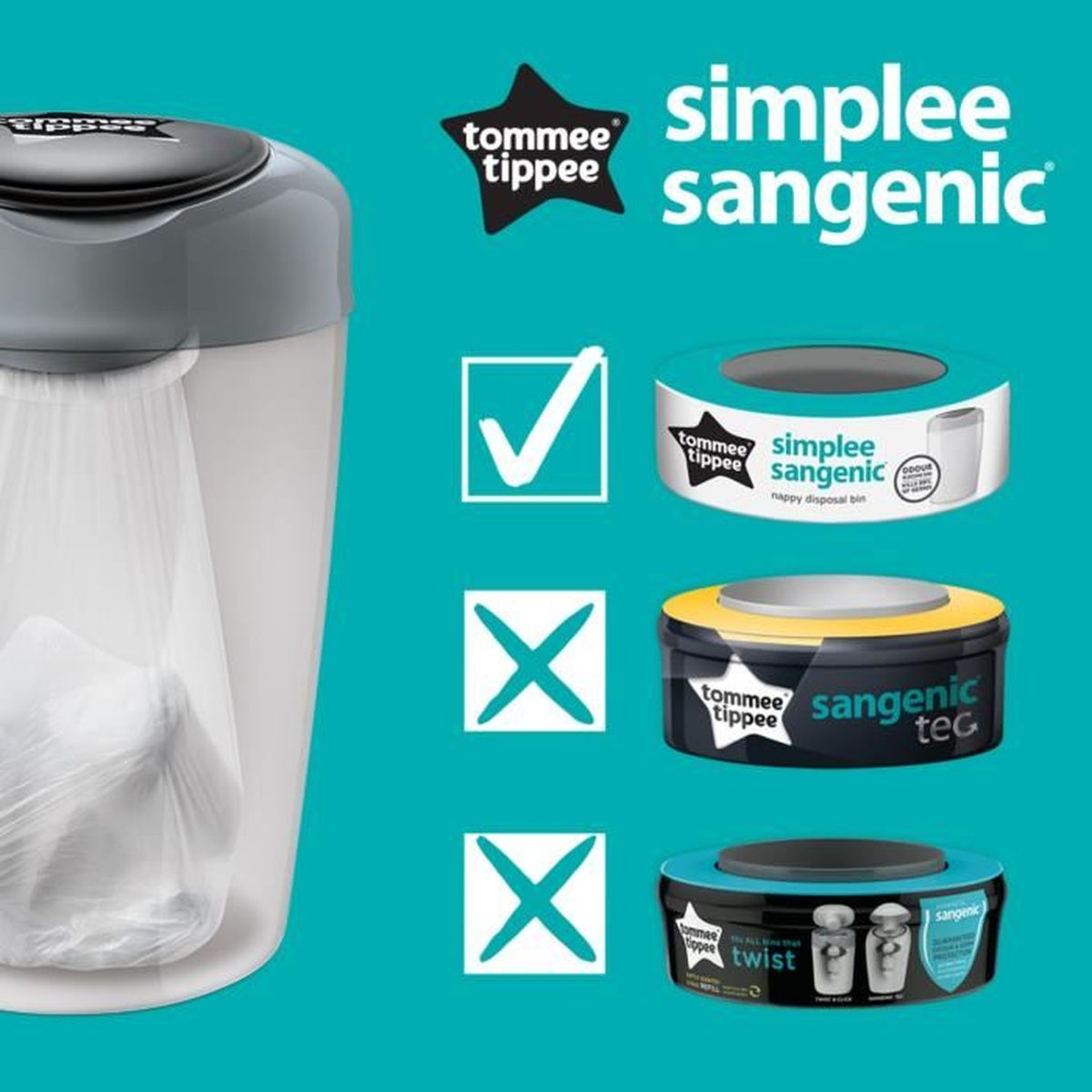 Ein Windelentsorgungssystem mit einem Häkchen und zwei X-Markierungen sowie drei verschiedenen Nachfüllkartuschen. Die Marke ist Tommee Tippee.