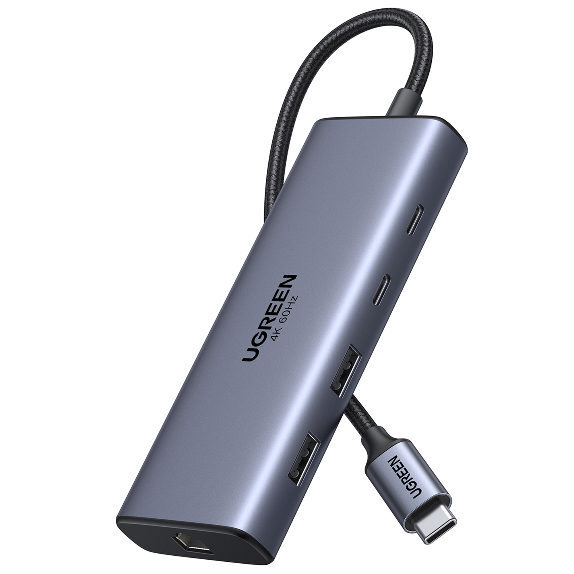 Szary hub USB-C UGREEN z wieloma portami, czarnym kablem i złączem USB-C. Na białym tle.