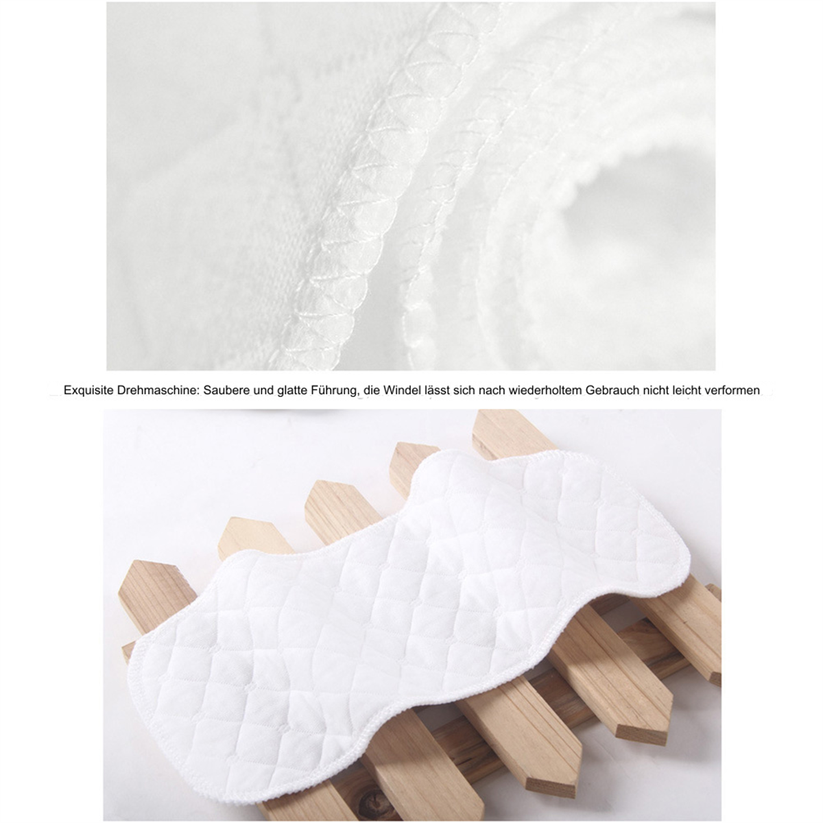 Nahaufnahme von gefalteter weißer Spitze und einem weißen, gesteppten Pad, das auf Holzstützen liegt. Das Pad ist nierenförmig.