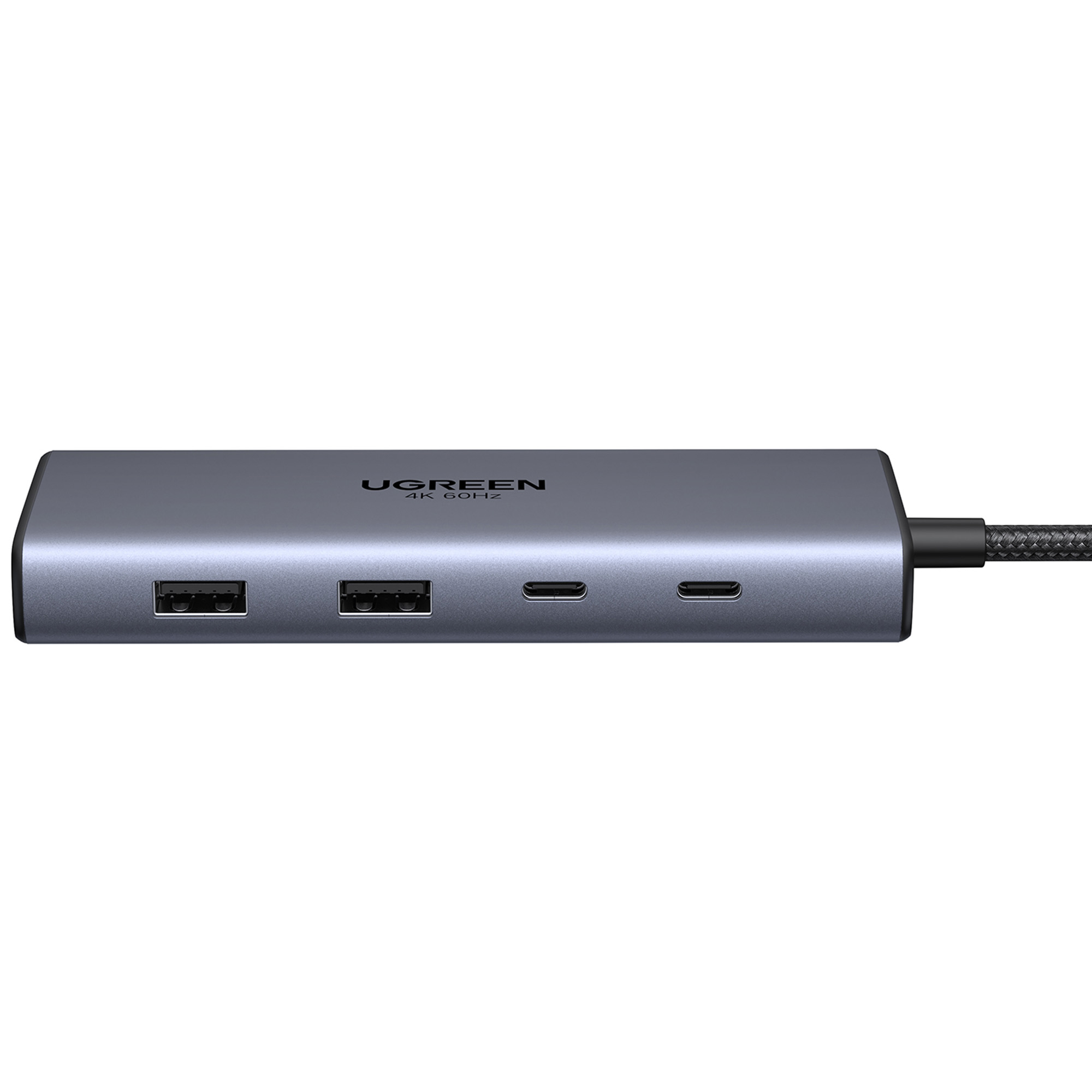 Szary hub USB UGREEN z wieloma portami. Posiada USB-A, USB-C i pleciony kabel.
