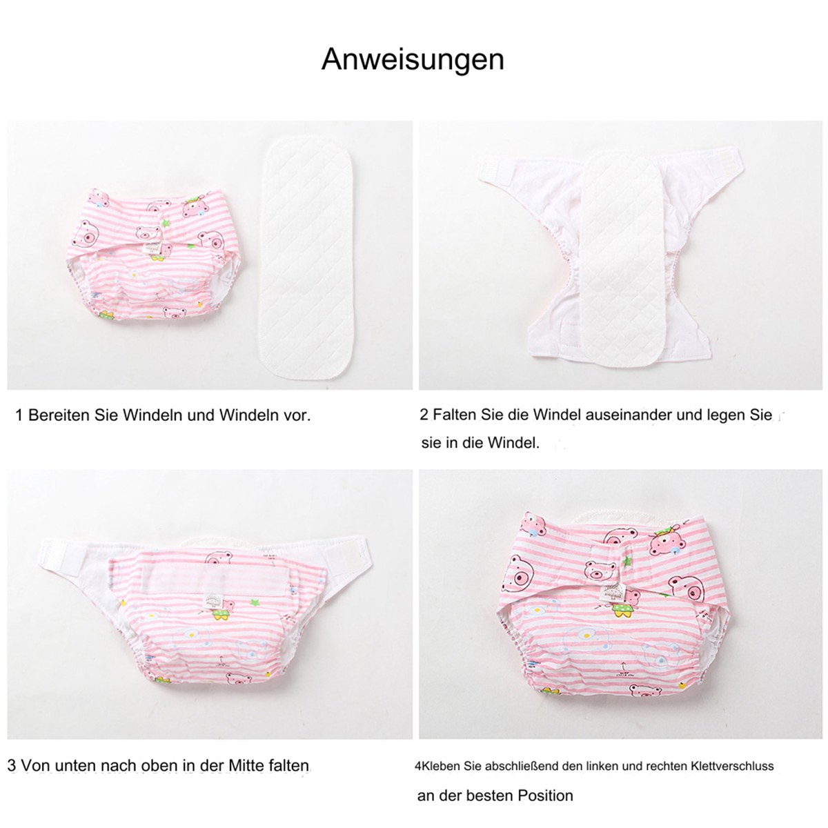 Schritte zur Verwendung einer Babywindel. Zeigt Windel, Saugeinlage und Faltanleitung mit deutschem Text.