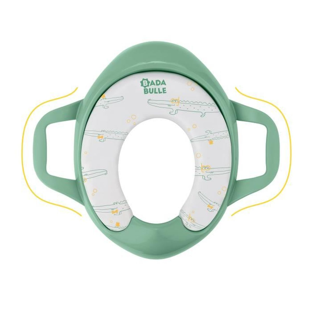Ein grüner Baby-Toilettensitz mit Griffen. Er hat eine weiße Mitte mit Krokodil-Illustrationen. Der Markenname ist sichtbar.