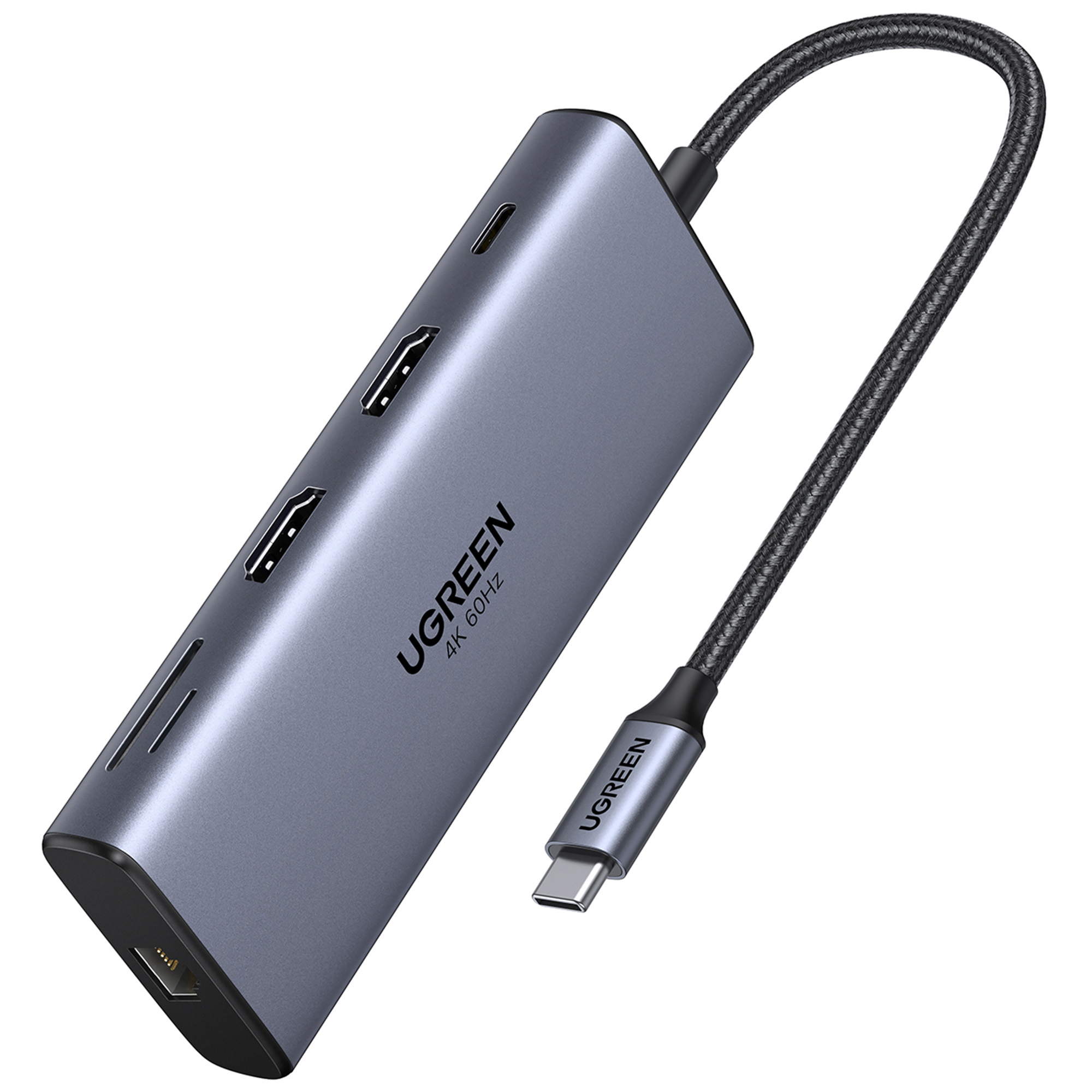 Hub USB-C UGREEN z portami HDMI, portem USB-C i plecionym kablem. Hub jest szary z logo UGREEN.
