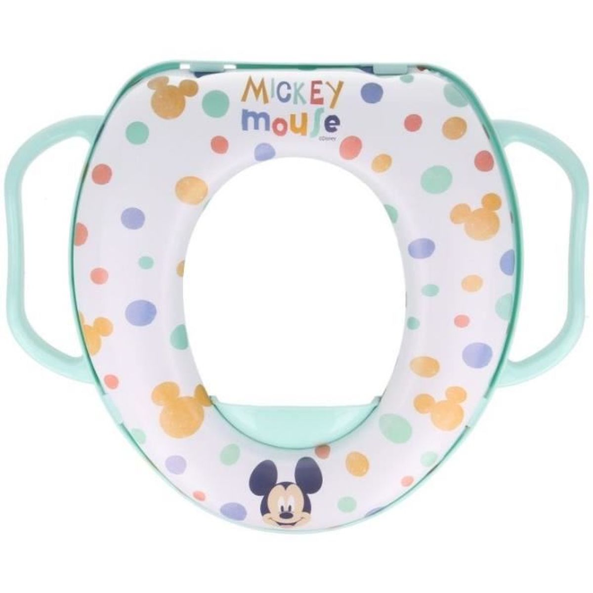 Ein weißer Mickey-Mouse-Toilettensitz mit bunten Punkten, Mickys Gesicht unten und grünen Griffen und Zierleisten.