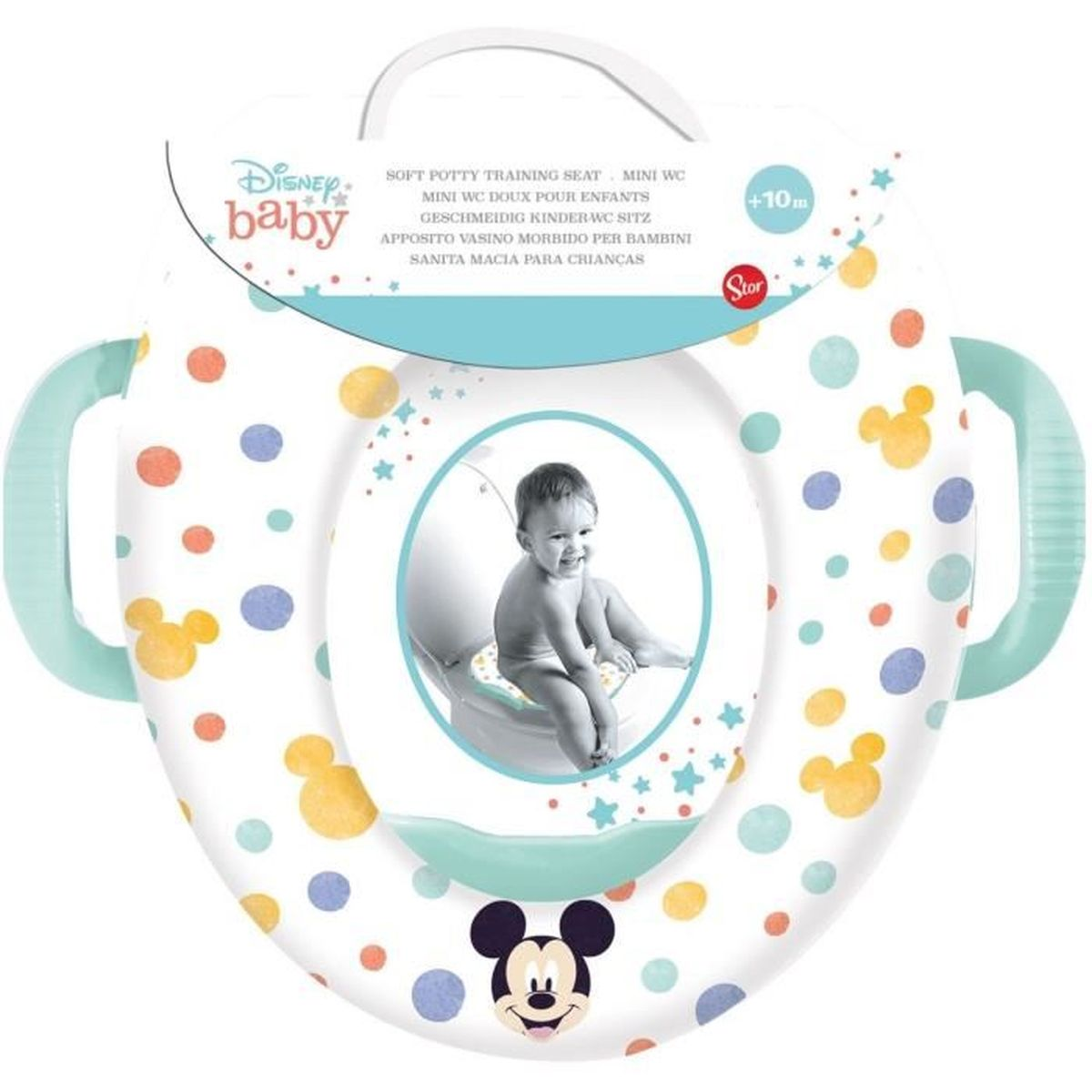 Ein weißer Töpfchentrainingssitz mit Mickey Mouse-Design. Ein Baby sitzt auf dem Sitz. Der Sitz hat Griffe und bunte Punkte.
