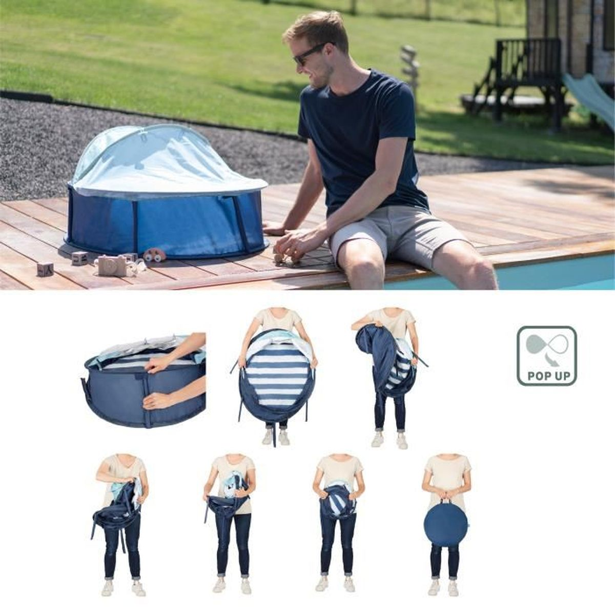 Ein Mann sitzt am Pool. Ein Pop-up-Sonnenschutz ist in der Nähe. Anweisungen zeigen, wie man den Schirm zusammenfaltet.