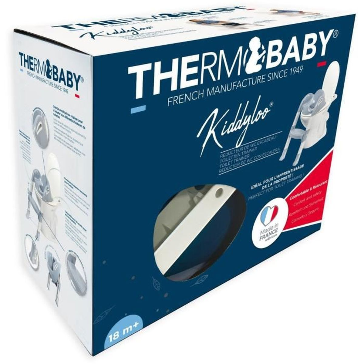Karton eines Thermobaby Kiddyloo Toilettentrainers. Er ist blau und weiß. Die Box hat Text in mehreren Sprachen.