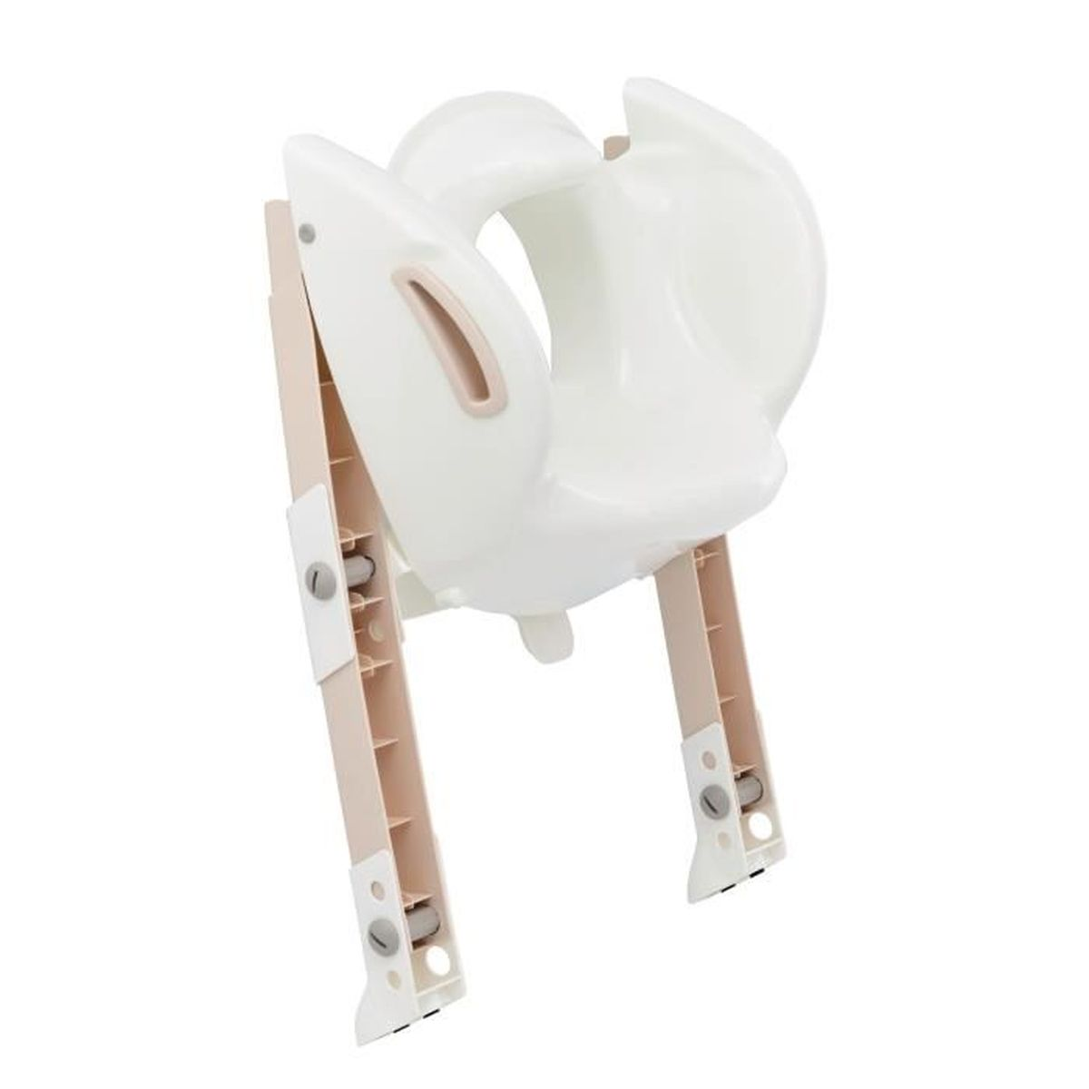 Ein weiß-beiger Baby-Badesitz auf weißem Hintergrund. Der Sitz hat ein geschwungenes Design mit verstellbaren Beinen.
