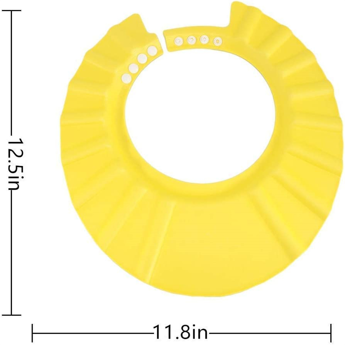 Eine gelbe Baby-Duschhaube. Sie ist kreisförmig mit einem Schnappverschluss. Maße: 12,5 Zoll x 11,8 Zoll. Wird zum Schutz der Augen des Babys verwendet.