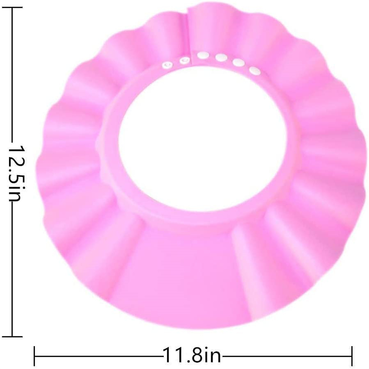 Eine rosa Baby-Duschhaube mit gerüschtem Rand und weißen Knöpfen. Sie hat die Maße 12,5 Zoll und 11,8 Zoll.