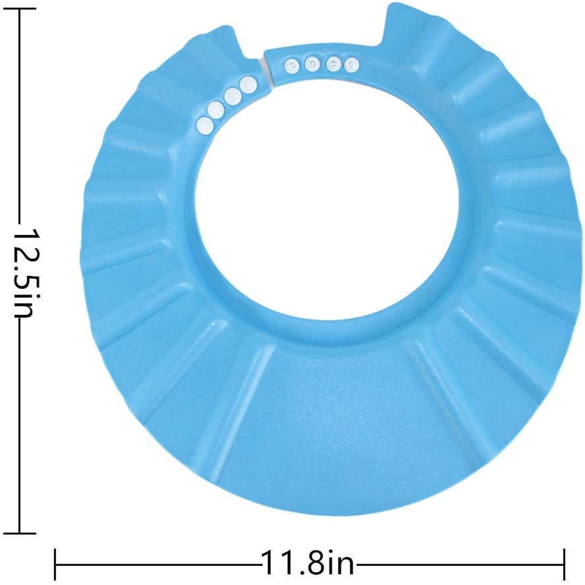 Eine hellblaue Baby-Duschhaube. Sie hat eine kreisförmige Form mit verstellbarer Vorderseite und mehreren Knöpfen. Maße sind angegeben.