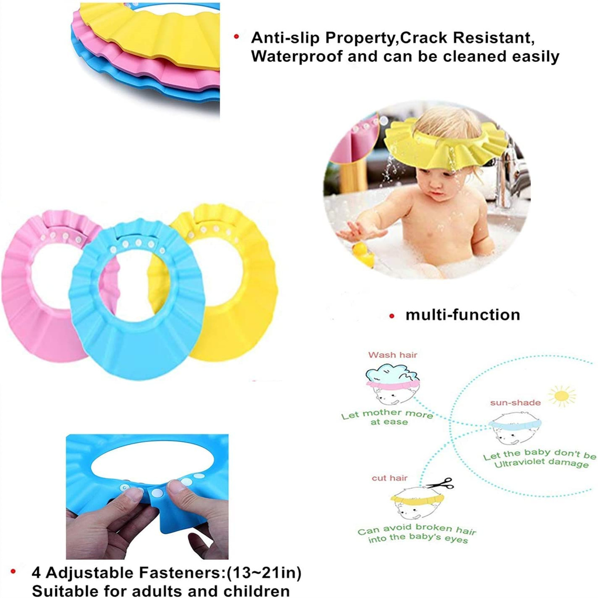 Das Bild zeigt Baby-Badeschirm-Produkte in Pink, Blau und Gelb. Ein Baby in einer Wanne trägt einen. Text hebt Merkmale hervor.
