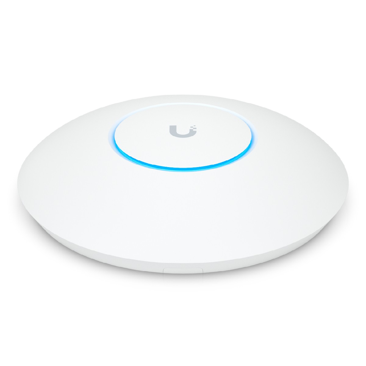 Białe urządzenie w kształcie dysku z centralnym, mniejszym dyskiem. Centralny dysk ma niebieskie światło i logo. Tło jest białe.