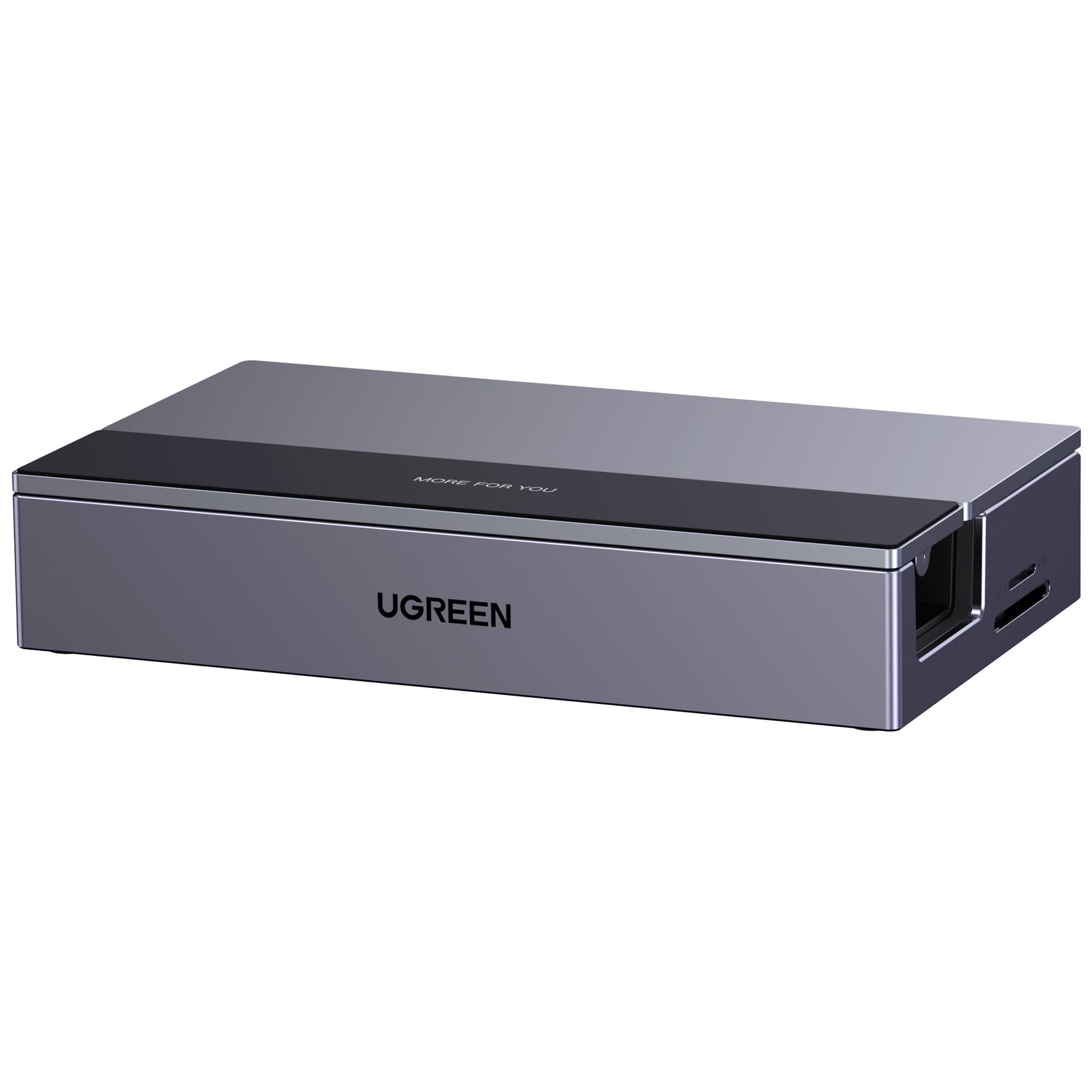 Szara stacja dokująca UGREEN. Prostokątna z czarnym blatem. Widoczna nazwa marki.