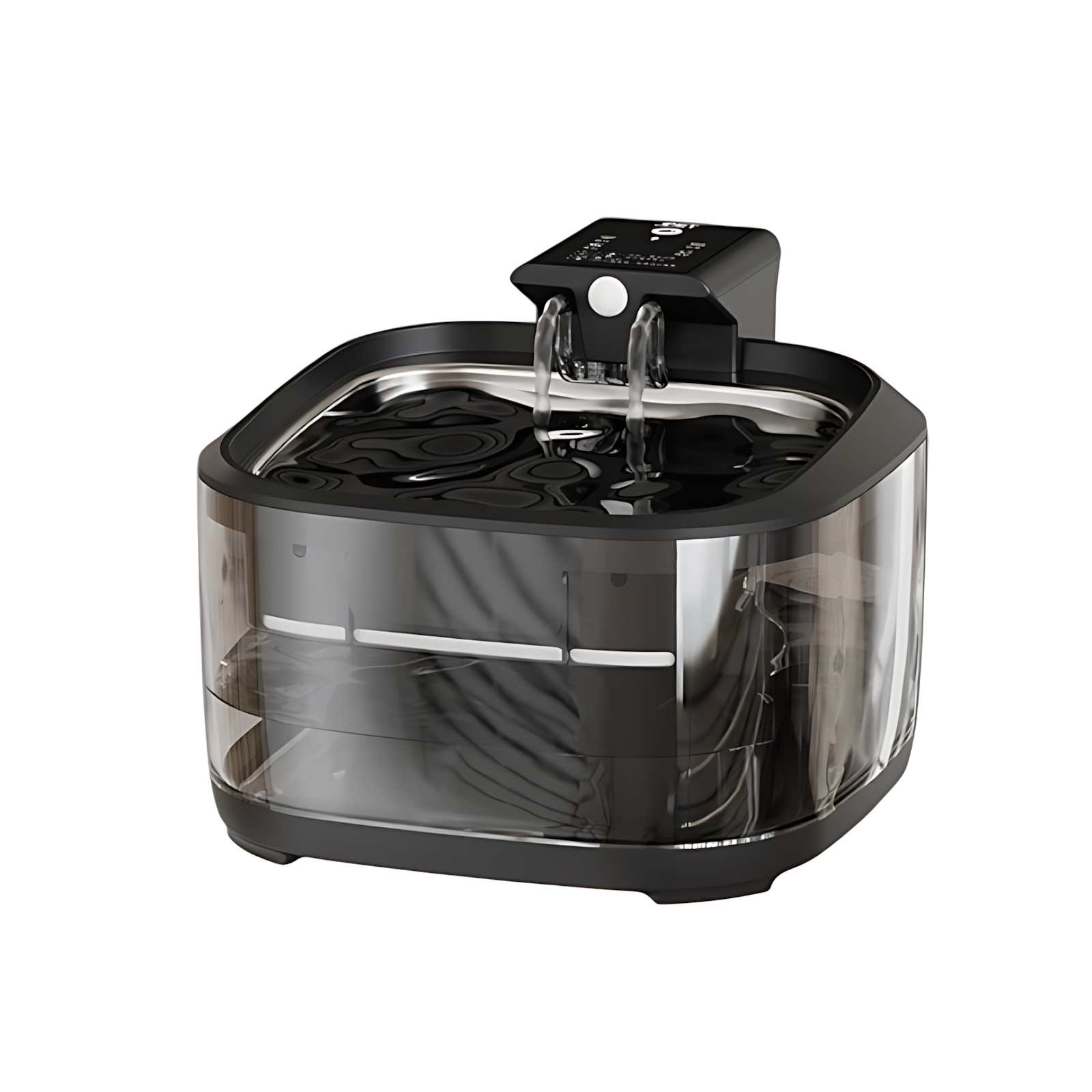 Ein moderner Trinkbrunnen für Haustiere. Schwarzes und transparentes Kunststoffdesign mit Wasser, das von oben fließt.