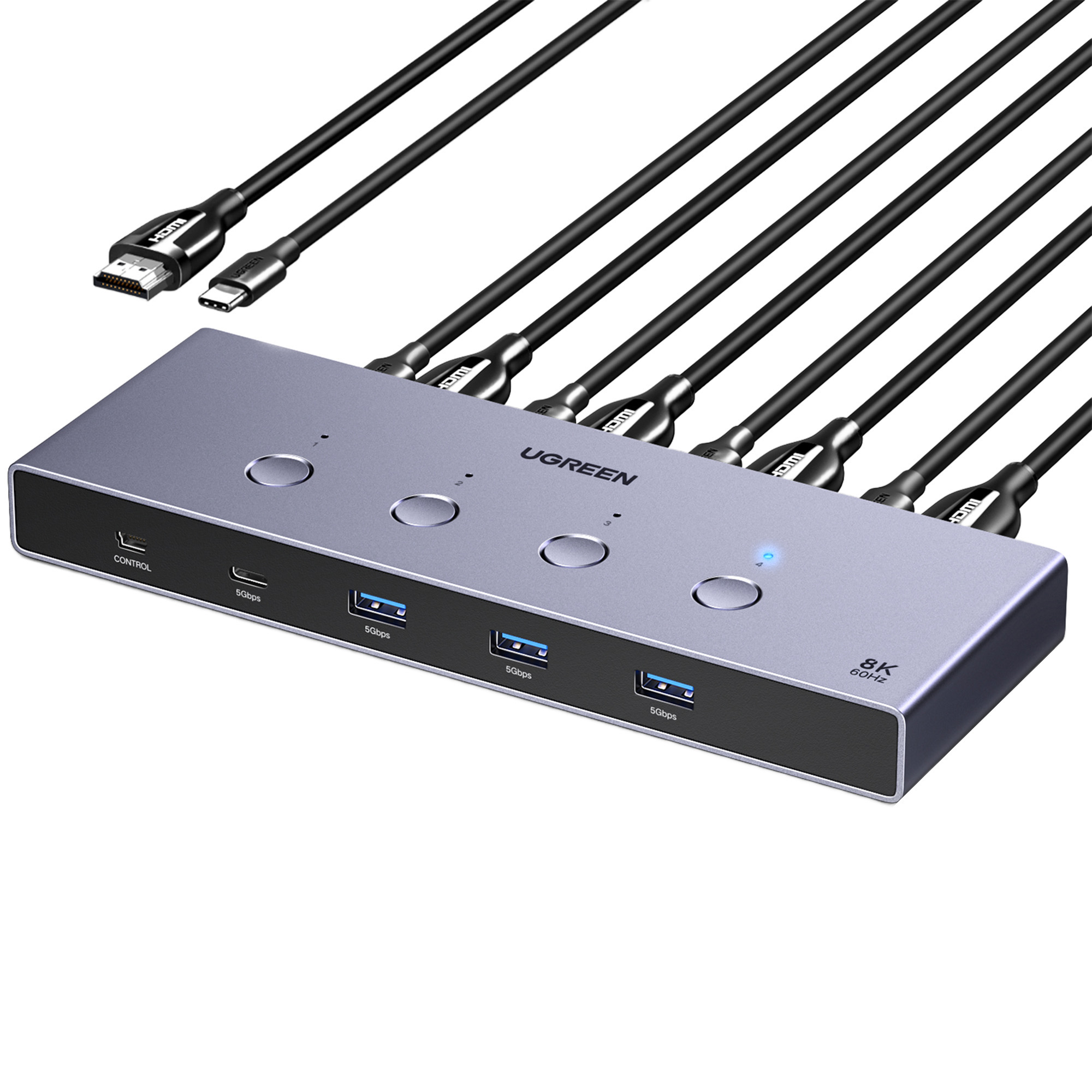 Przełącznik HDMI UGREEN 8K z wieloma czarnymi kablami HDMI. Posiada przyciski i porty USB.