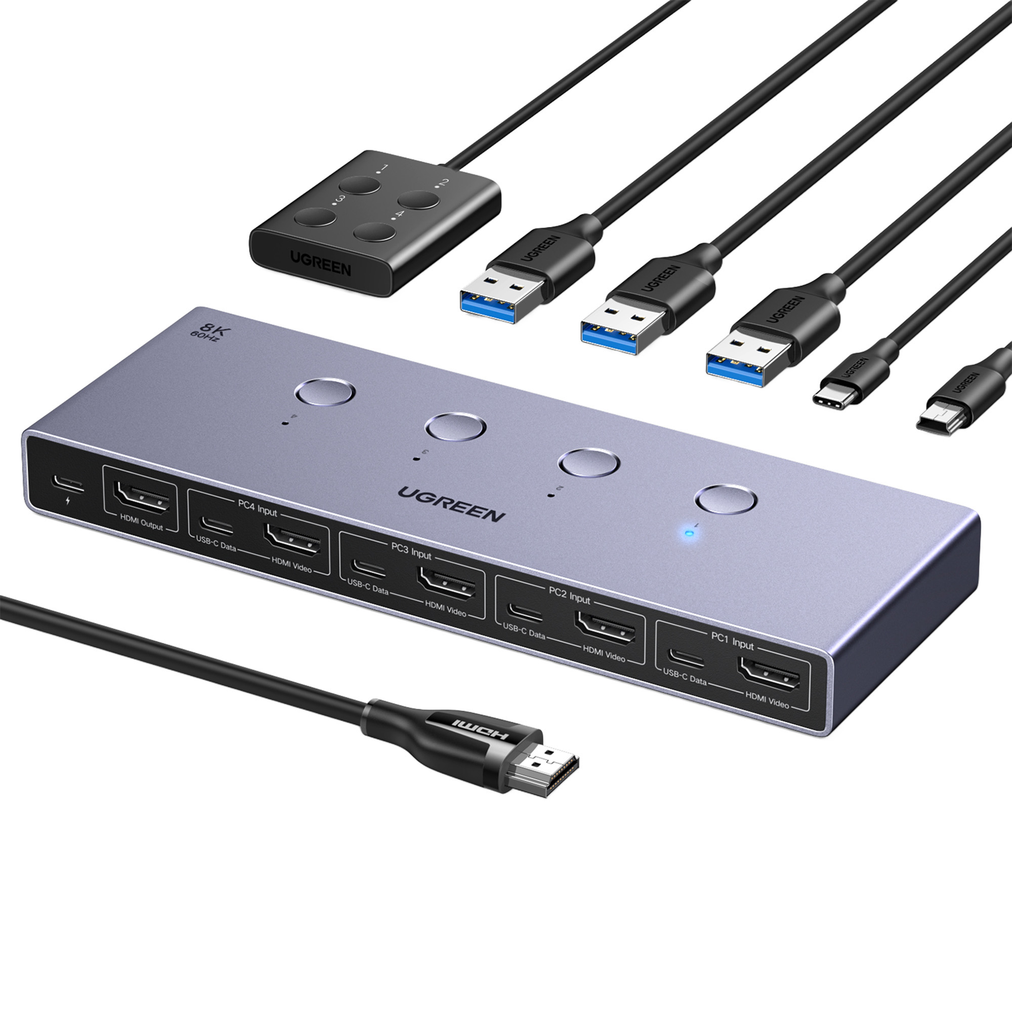 Srebrne urządzenie UGREEN z kilkoma portami i przyciskami, z różnymi kablami połączeniowymi.