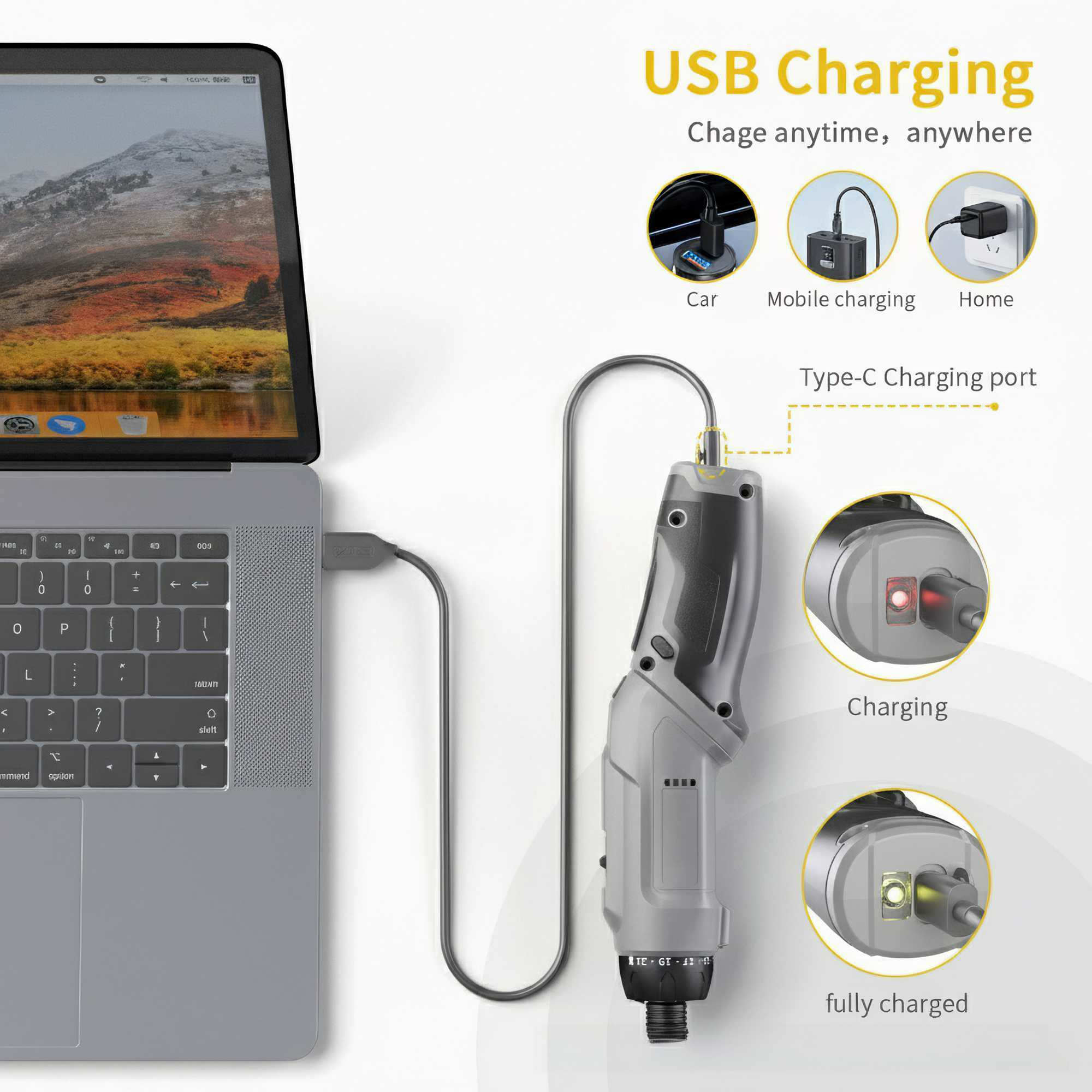 Ein Laptop mit einem Schraubendreher ist über USB verbunden. Der Schraubendreher hat eine Ladeanzeige und ist mit 'voll geladen' beschriftet.