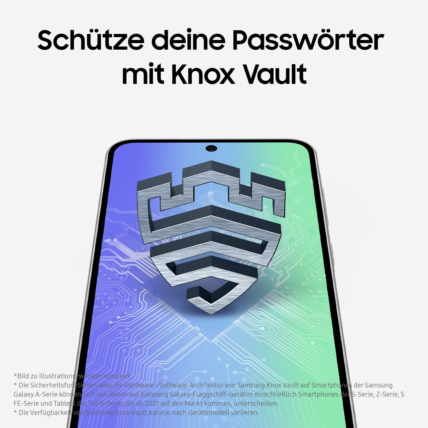 Ein Smartphone zeigt ein Knox Vault-Schild. Der Text oben lautet: Schützen Sie Ihre Passwörter mit Knox Vault. Der Hintergrund ist eine Leiterplatte.