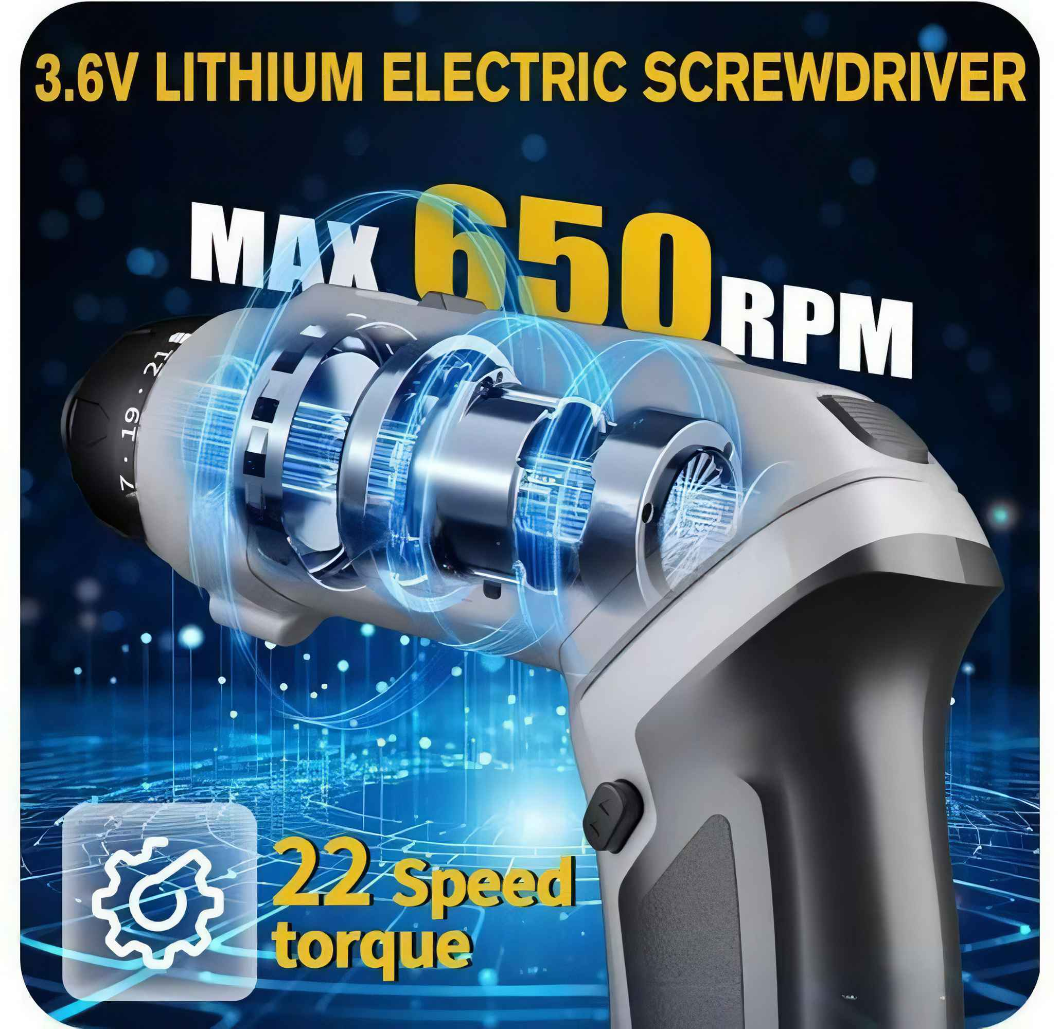 Elektrischer Schraubendreher mit 3,6 V Lithium-Batterie. Er hat eine max. Geschwindigkeit von 650 U/min und 22 Drehmomentstufen.