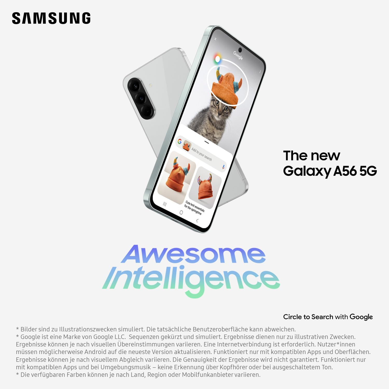 Samsung-Telefon zeigt Google-Suche mit Katze mit Hut. Text: Galaxy A56 5G. Slogan: Awesome Intelligence.