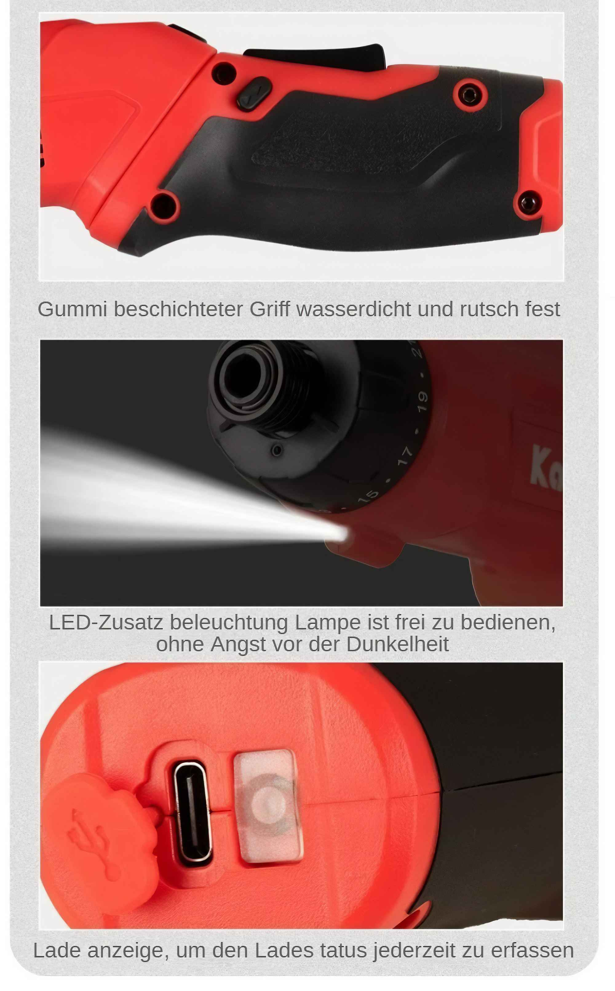 Rotes und schwarzes Elektrowerkzeug. Merkmale: Gummigriff, LED-Licht und Ladeanschluss. Text auf Deutsch.