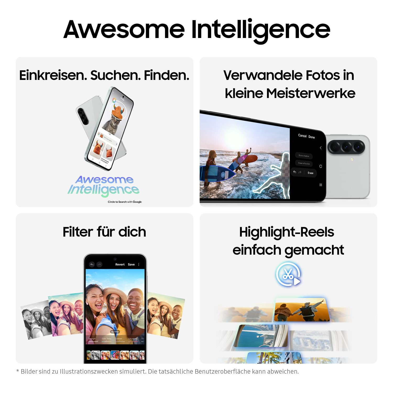 Das Bild wirbt für 'Awesome Intelligence' und zeigt Telefonfunktionen: Kreissuche, Fotobearbeitung und Highlight-Reels. Text und Telefon-Screenshots werden gezeigt.