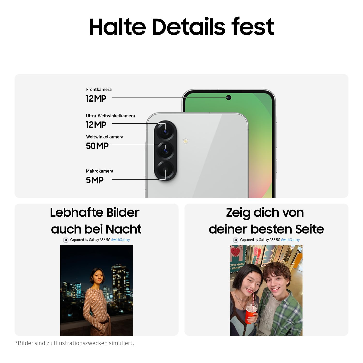 Ein Telefon und seine Kameraspezifikationen werden angezeigt. Unten befinden sich zwei Bilder: eines bei Nacht und ein Selfie.