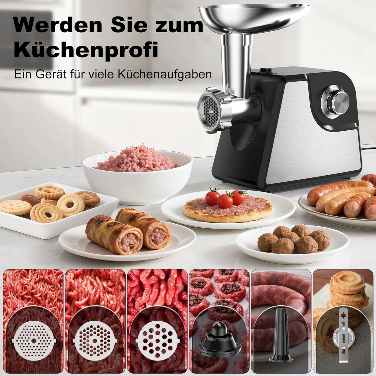 Ein Fleischwolf mit verschiedenen Lebensmitteln wie Fleischbällchen, Würstchen und Keksen. Der Text lautet 'Werden Sie zum Küchenprofi'.