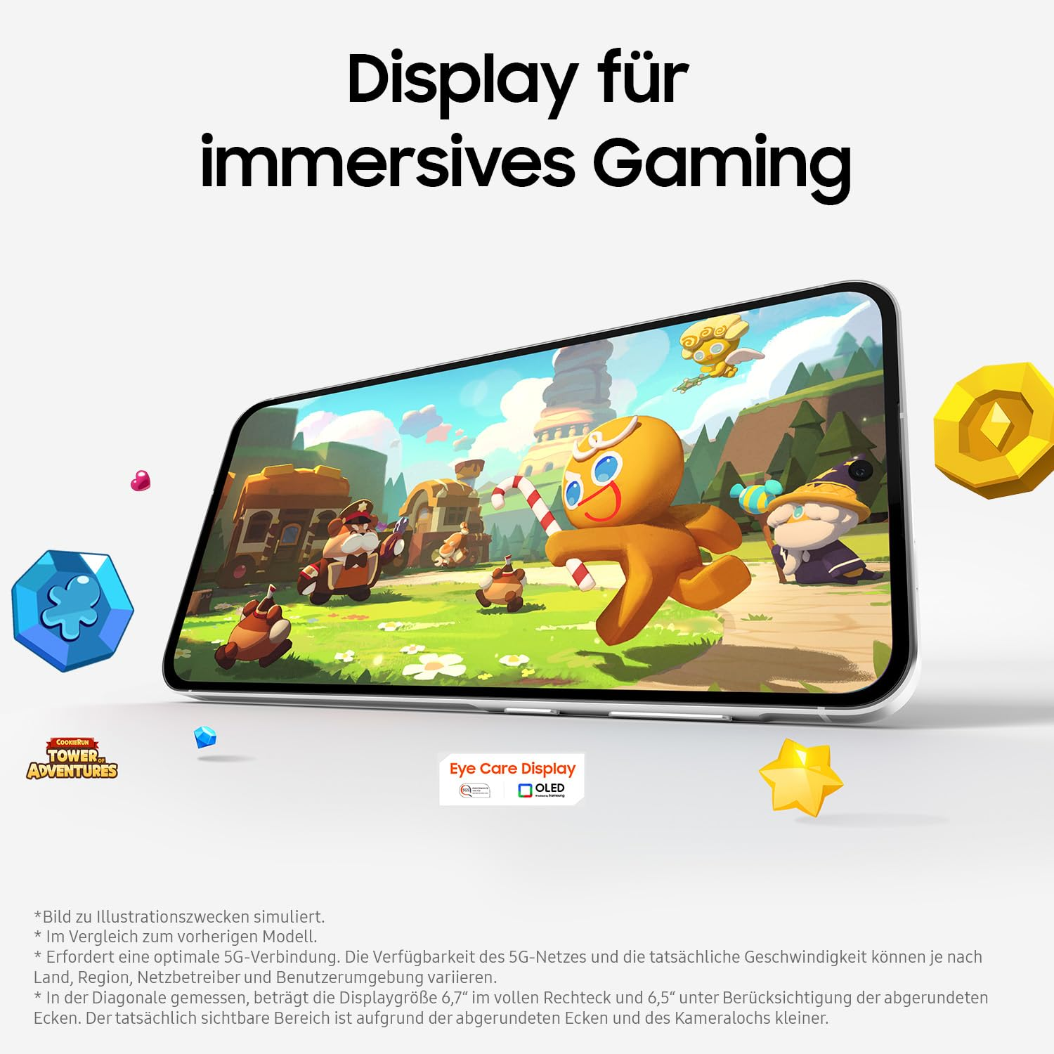 Ein Tablet zeigt eine Spielszene mit einem Lebkuchenmann. Andere Spielfiguren und Elemente sind sichtbar. Anzeigetext: Display für immersives Gaming.