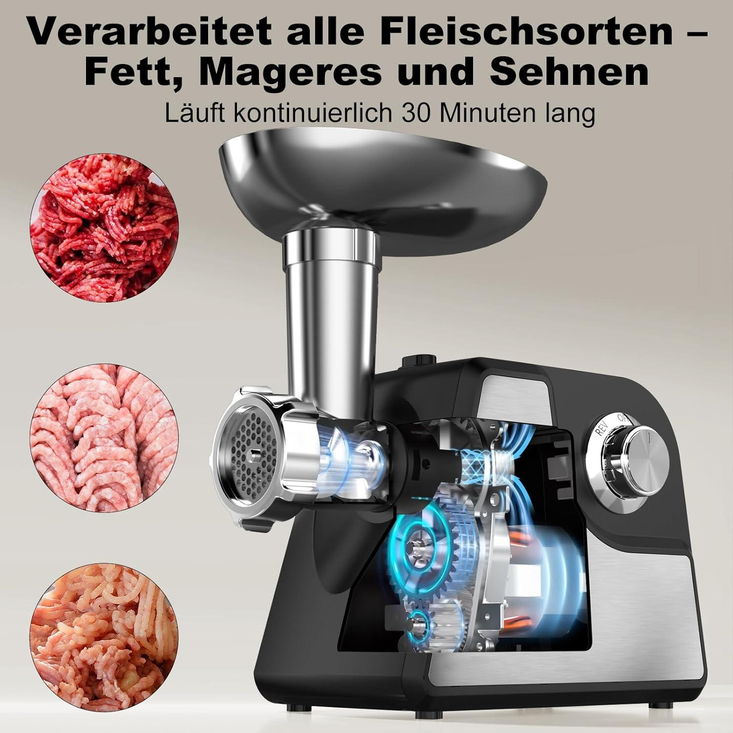 Ein Fleischwolf mit drei Fleischproben. Der Wolf ist schwarz und silber, und Text auf Deutsch steht oben.