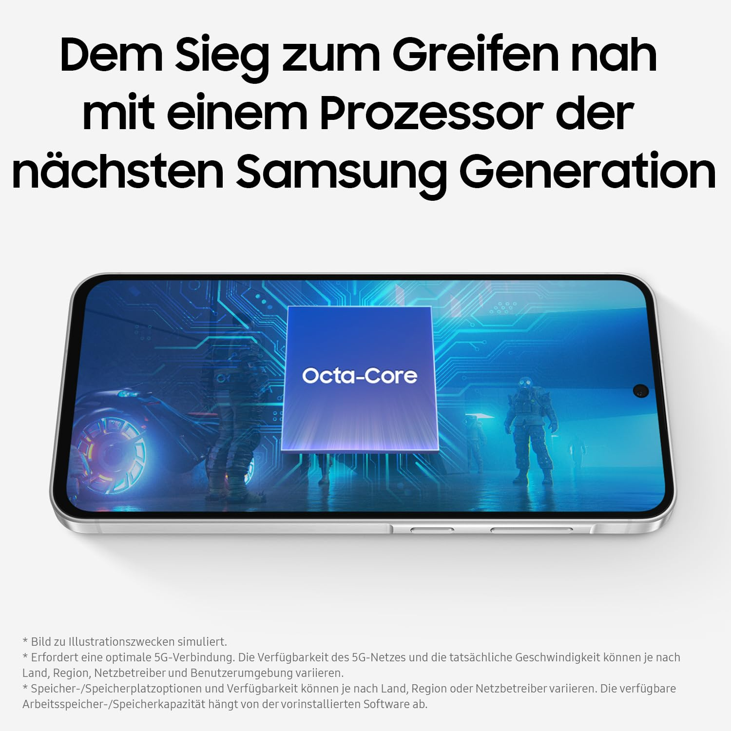 Ein Telefon zeigt eine futuristische Szene mit Soldaten. Text lautet: 'Dem Sieg zum Greifen nah mit einem Prozessor der nächsten Samsung Generation'.