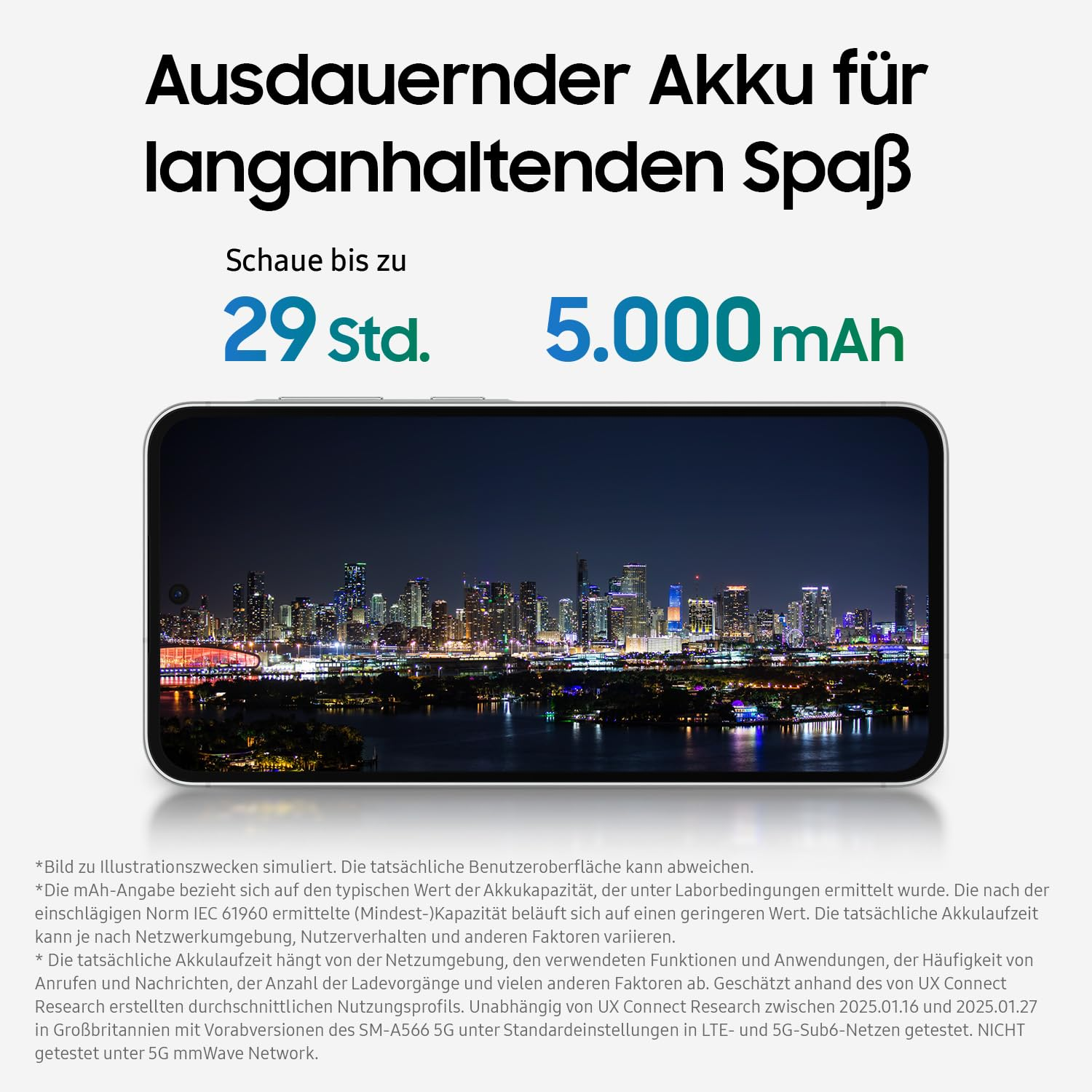 Ein Telefon, das eine Skyline bei Nacht zeigt, mit Text, der eine lange Akkulaufzeit anzeigt: 29 Stunden, 5.000 mAh.