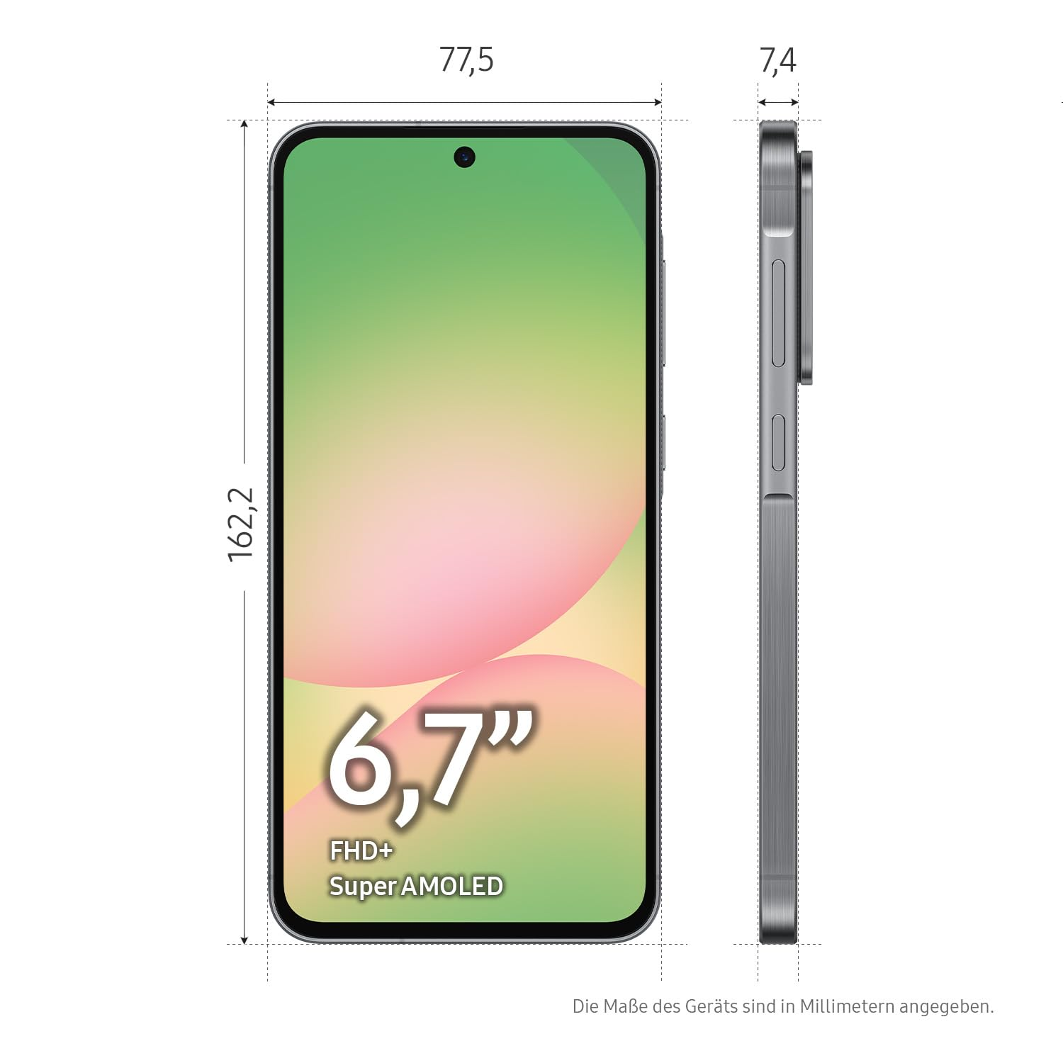 Diagramm eines Smartphones mit den Abmessungen: 162,2 mm x 77,5 mm x 7,4 mm. Es hat ein 6,7" FHD+ Super AMOLED Display.