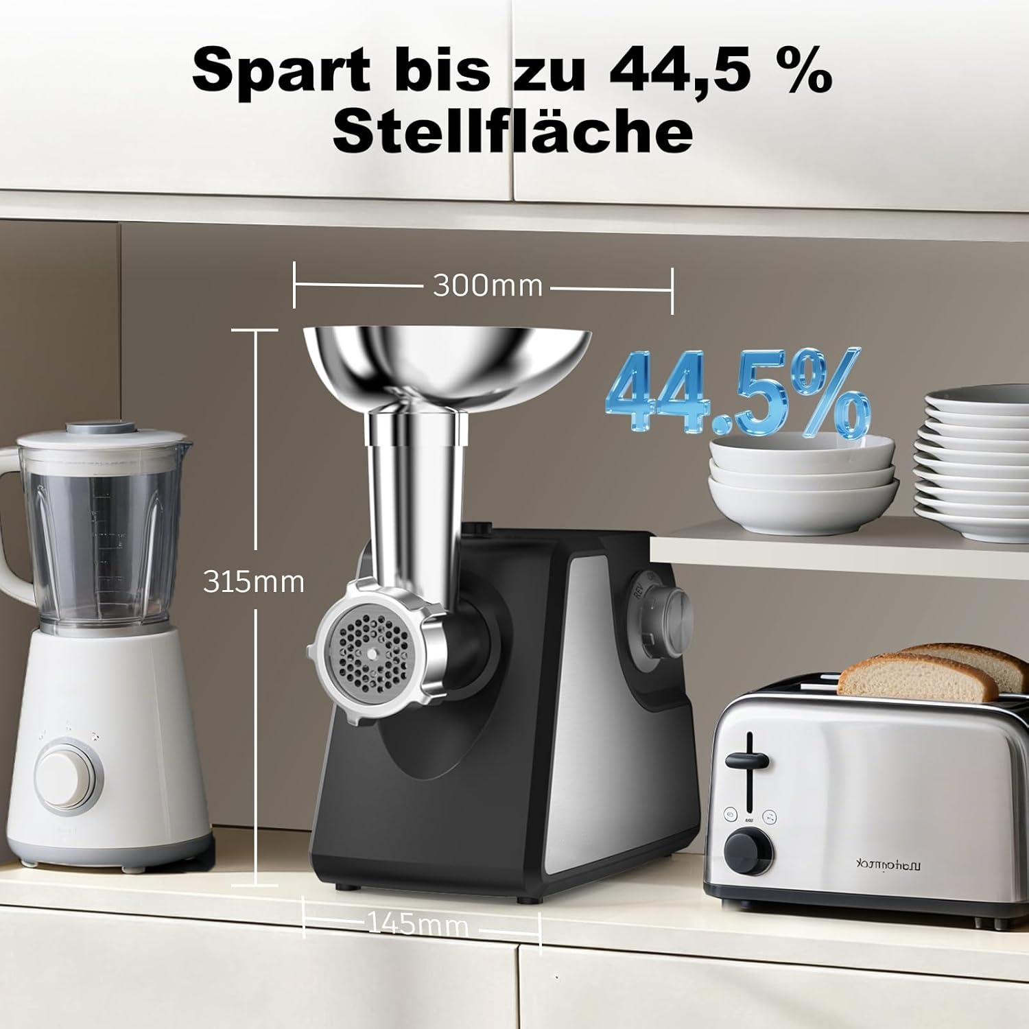 Küchengeräte: Mixer, Fleischwolf, Toaster. Abmessungen sind angegeben. Text: Bis zu 44,5 % Fläche sparen.