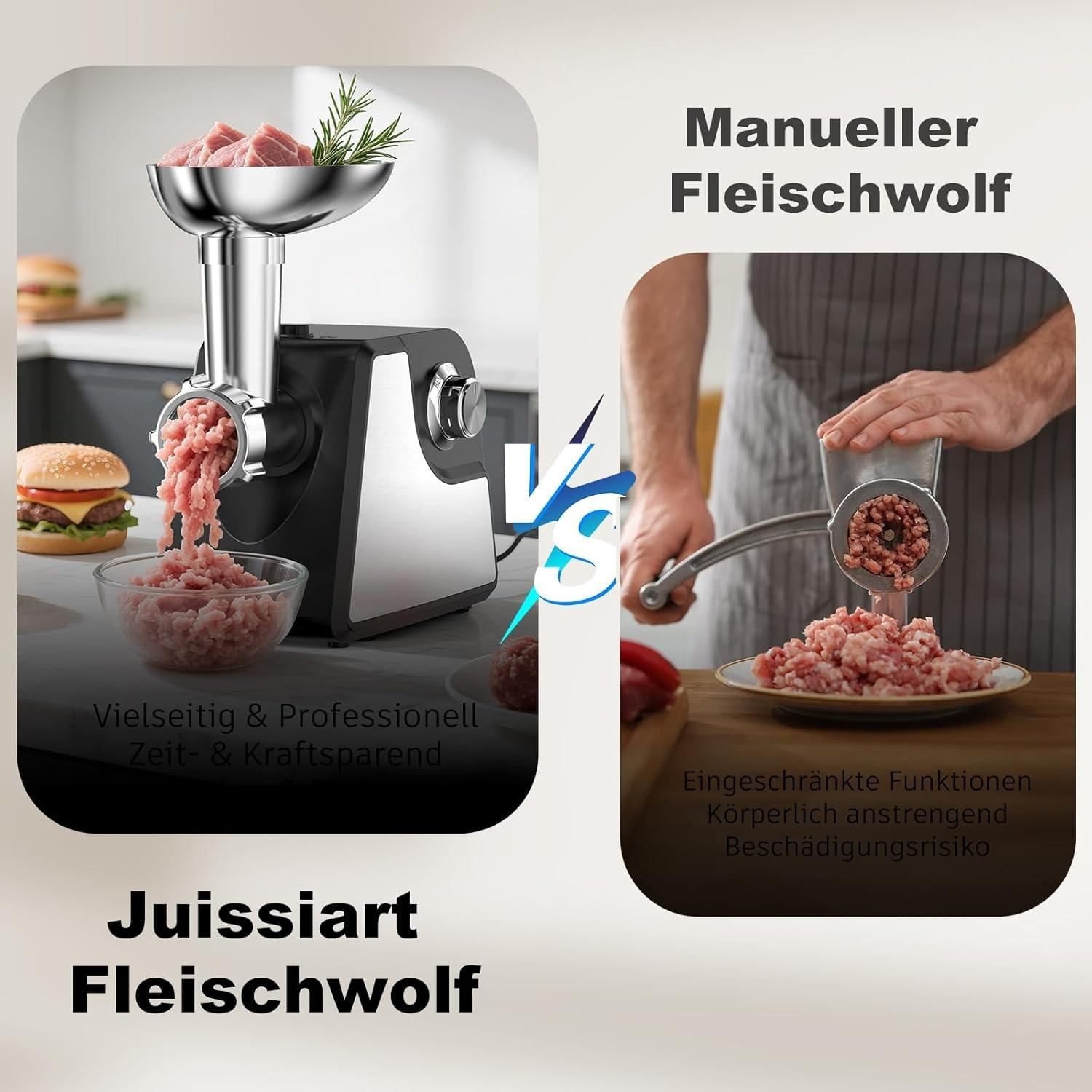 Das Bild vergleicht elektrische und manuelle Fleischwölfe. Der elektrische befindet sich links, verarbeitet Fleisch. Der manuelle rechts.