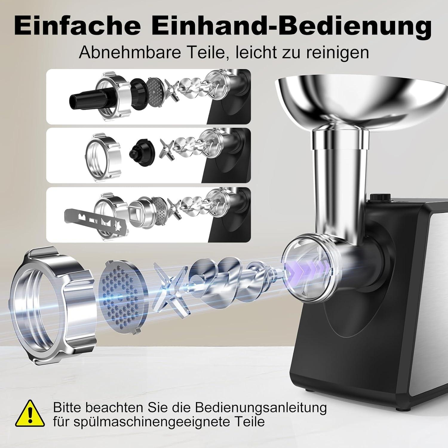 Fleischwolf mit abmontierten Teilen. Die Teile sind Edelstahl und schwarz. Text weist auf einfache Einhandbedienung und abnehmbare Teile hin.