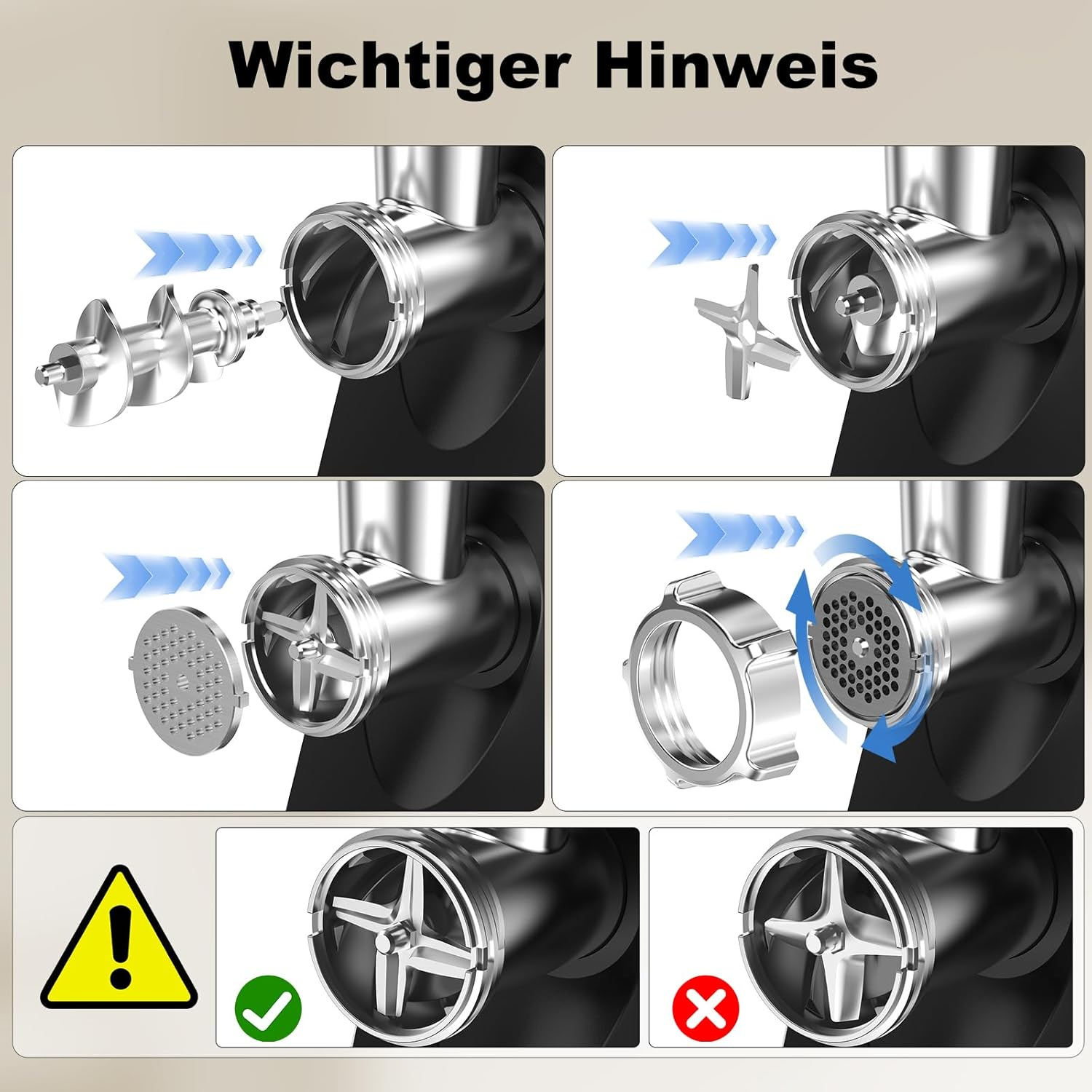 Diagramm zeigt die Montage des Fleischwolfs. Teile umfassen Klinge, Platte und Sicherungsring. Pfeile zeigen die Reihenfolge an. Warn- und Korrekt/Falsch-Symbole.