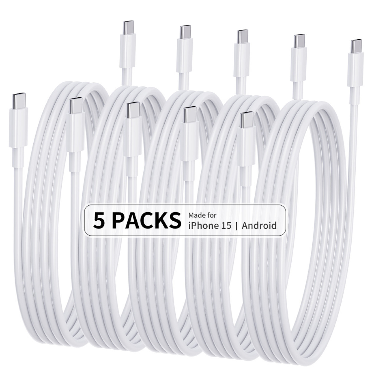 Das Bild zeigt fünf weiße USB-C-Kabel, aufgerollt. Ein Etikett lautet '5 PACKS' und 'Made for iPhone 15 | Android'.