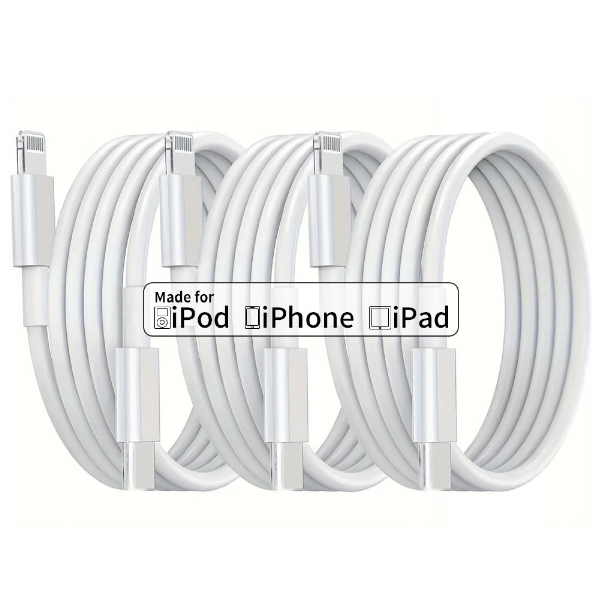 Drei weiße Ladekabel, aufgerollt, mit Anschlüssen an jedem Ende. Ein Etikett sagt 'Made for iPod iPhone iPad'.