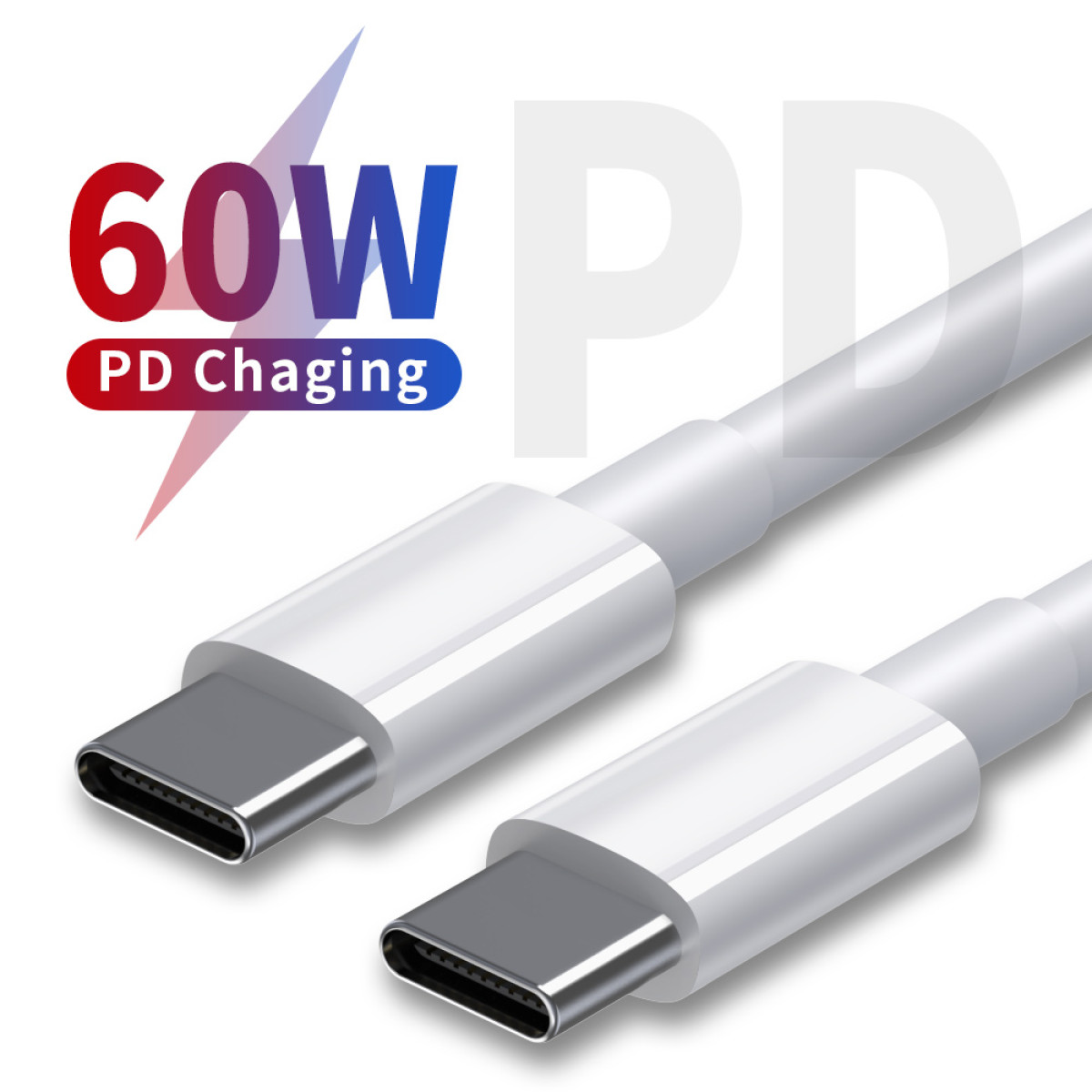 Zwei weiße USB-C-Ladekabel. Der Text lautet '60W PD Charging'. Der Hintergrund ist weiß mit einem verblassten 'PD'-Logo.