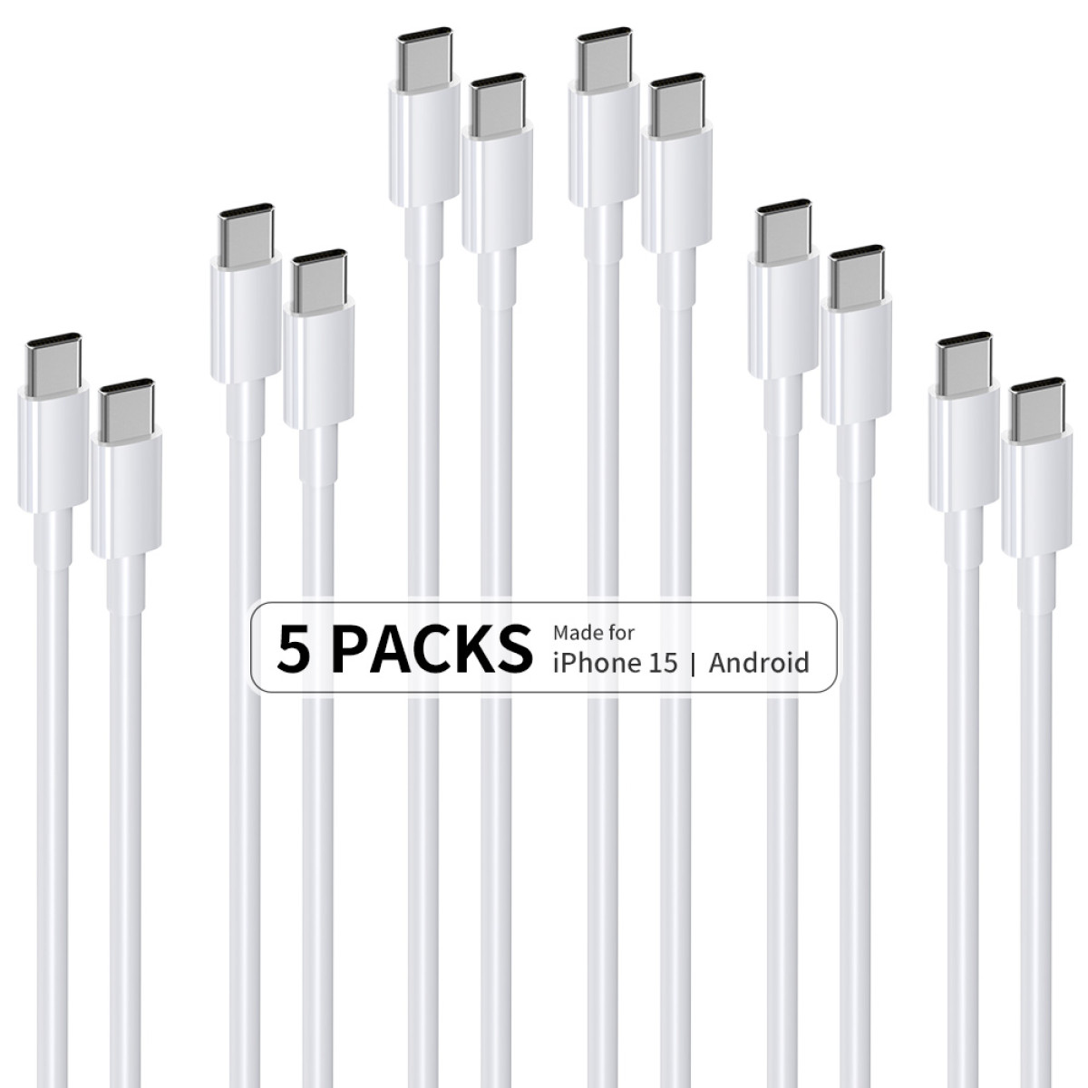 Das Bild zeigt zehn weiße USB-C-Kabel, die vertikal angeordnet sind. Ein Schild sagt: "5 PACKS Made for iPhone 15 | Android."