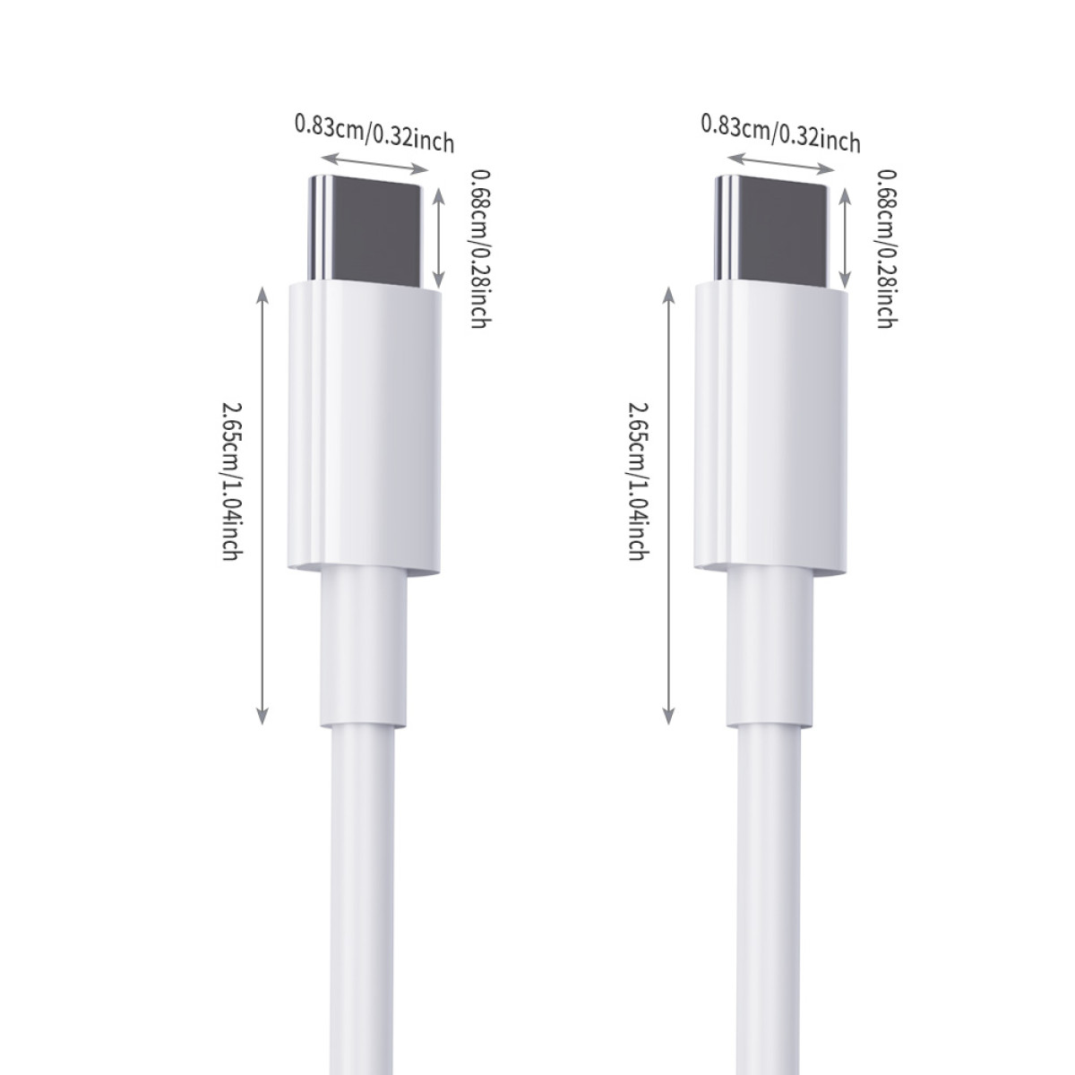 Zwei weiße USB-C-Kabel, jedes mit Maßangaben. Die Anschlüsse sind grau, die Kabel weiß. Abmessungen in Zentimetern und Zoll.