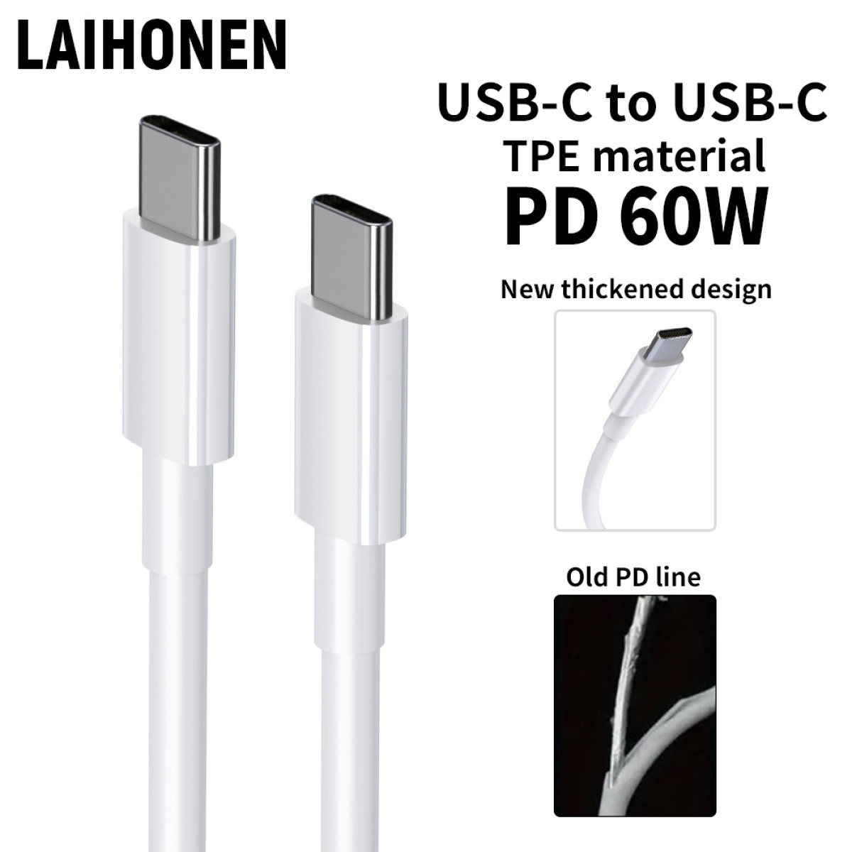 Witte USB-C kabels, zilveren connectoren. Tekst: USB-C naar USB-C, TPE materiaal, PD 60W. Kleine afbeeldingen tonen details.